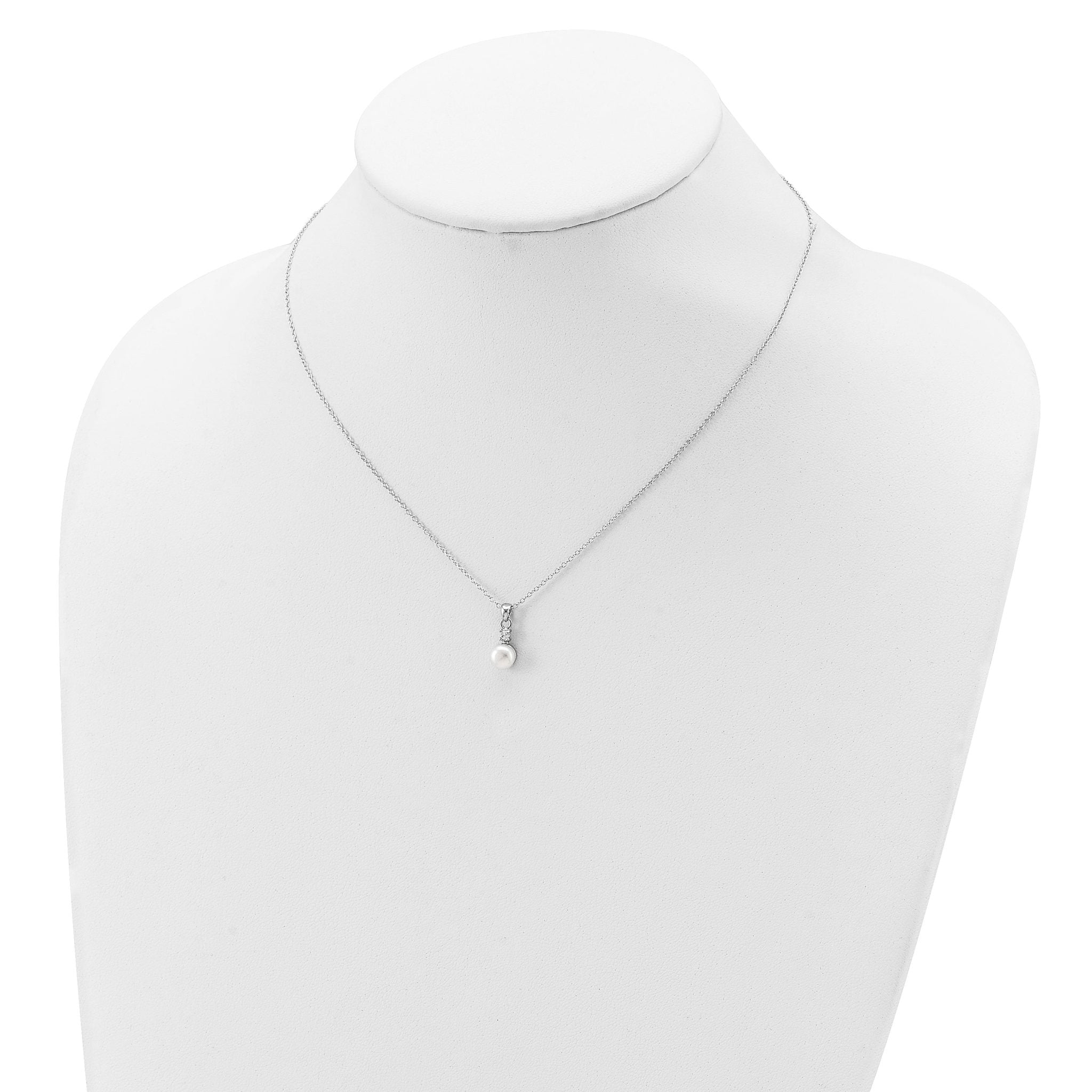 Sterling Silver Rhodium-plated 6-7mm White Button FWC Pearl CZ Necklace