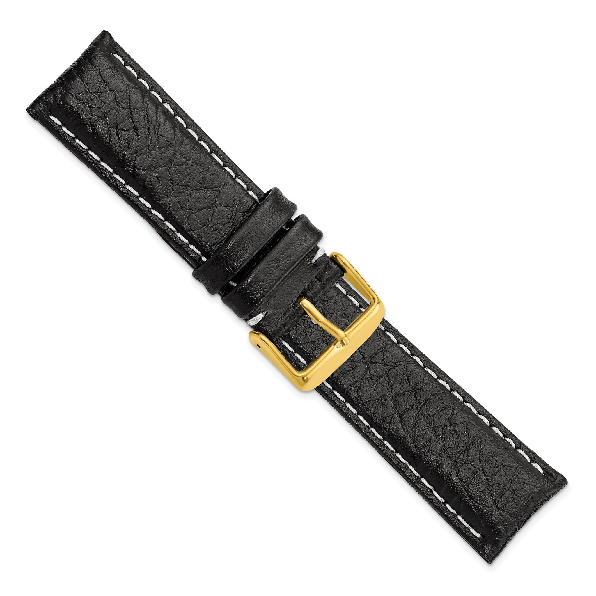 Short Sport Watch Band in Black Leather with Gold-Tone Buckle, 26mm