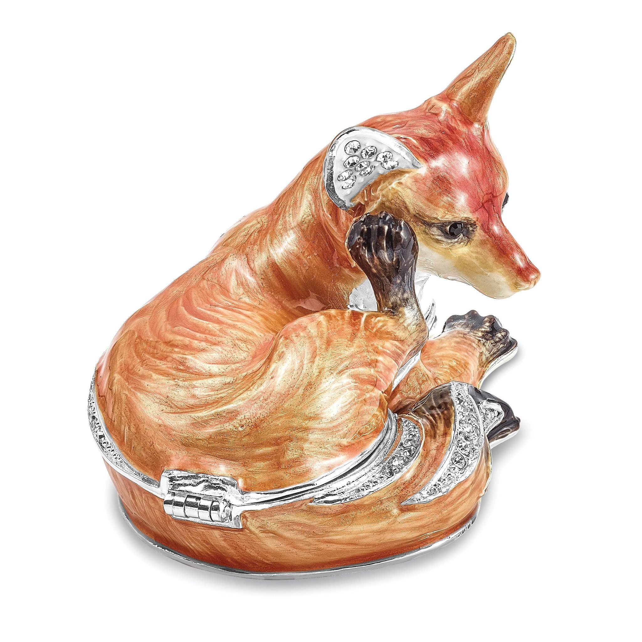 Luxury Giftware Pewter Bejeweled Crystals Silver-tone Enameled EINSTEIN Red Fox Trinket Box with Matching 18 Inch Necklace