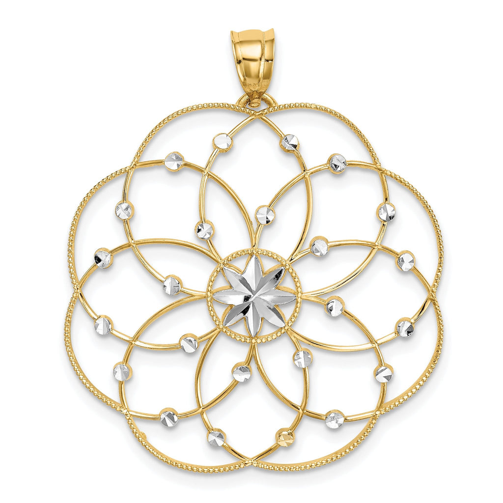 14K Gold and Rhodium Spiral Circle Pendant with Diamond-Cut Detail