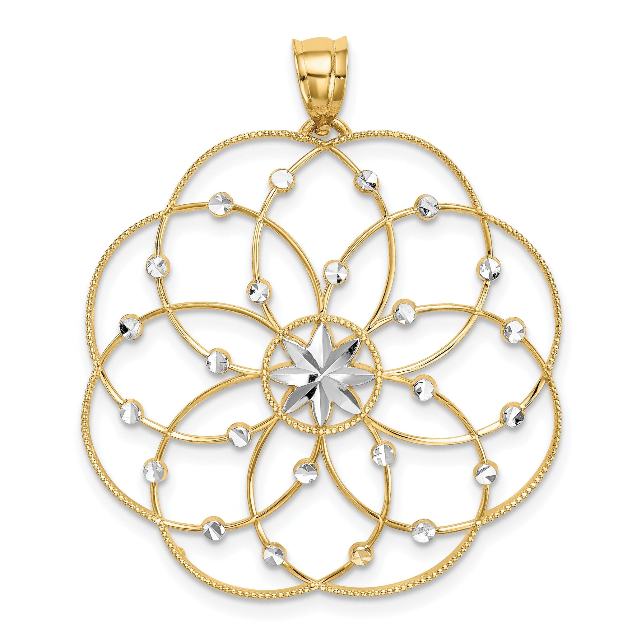 14K Gold and Rhodium Spiral Circle Pendant with Diamond-Cut Detail