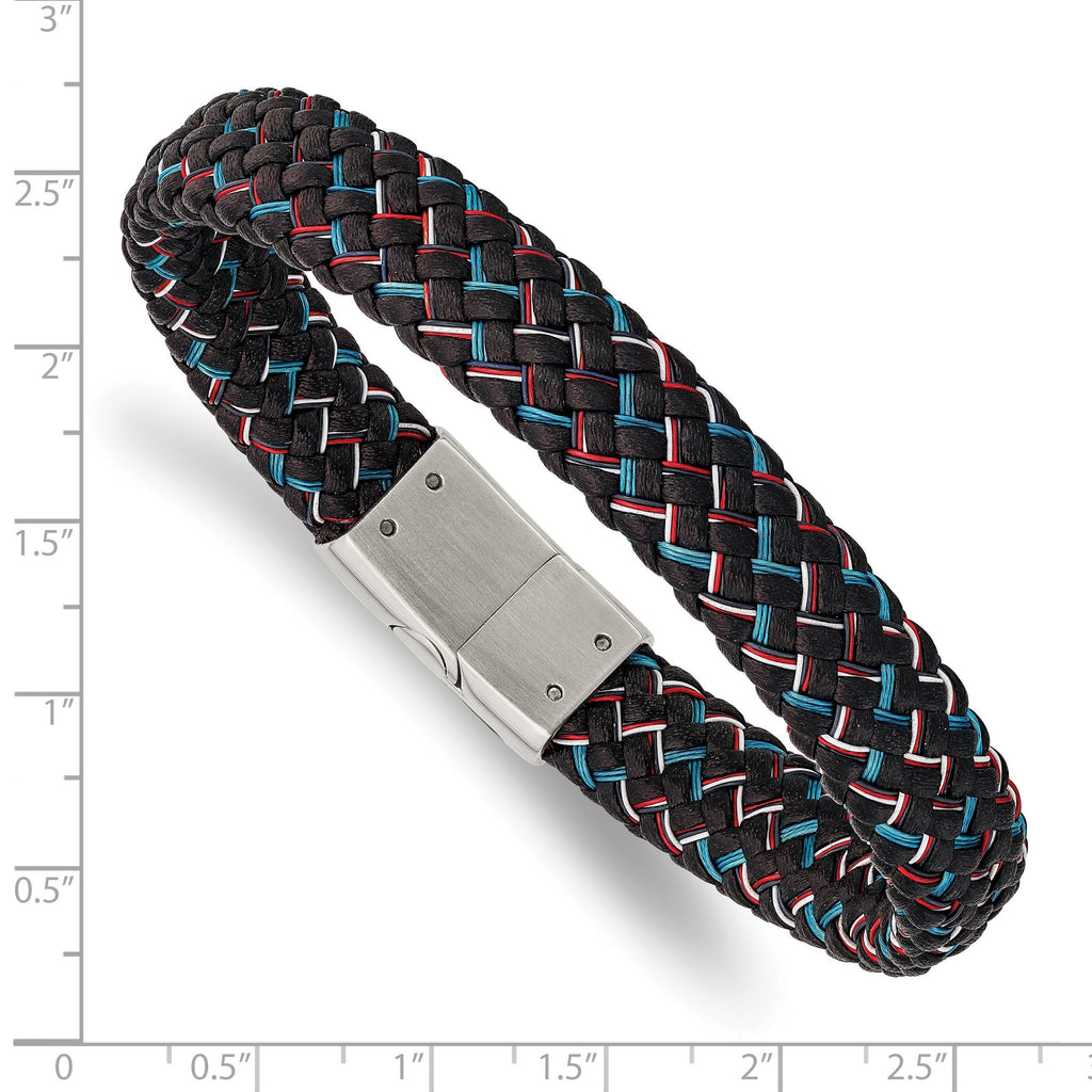 Stainless Steel Polished Braided Multi-color Wire and Black Leather Bracelet