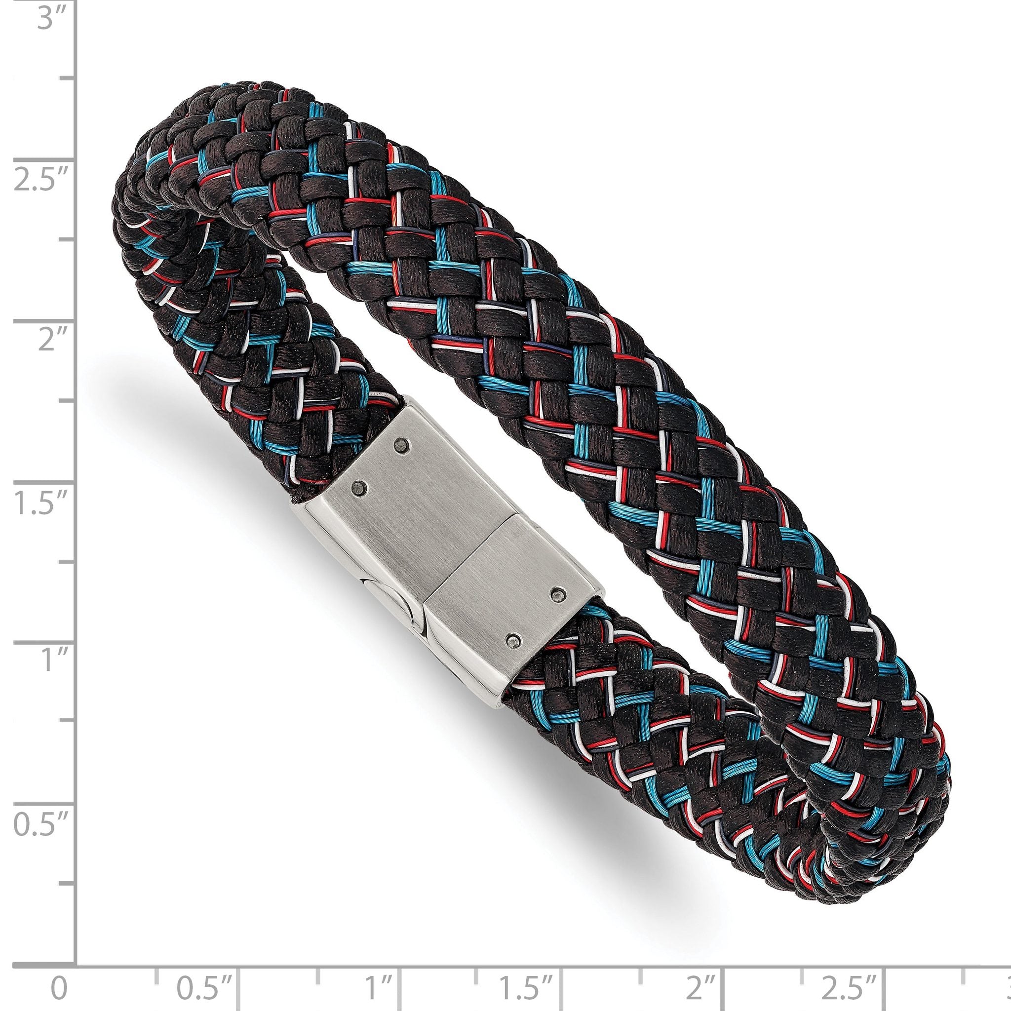 Stainless Steel Polished Braided Multi-color Wire and Black Leather Bracelet