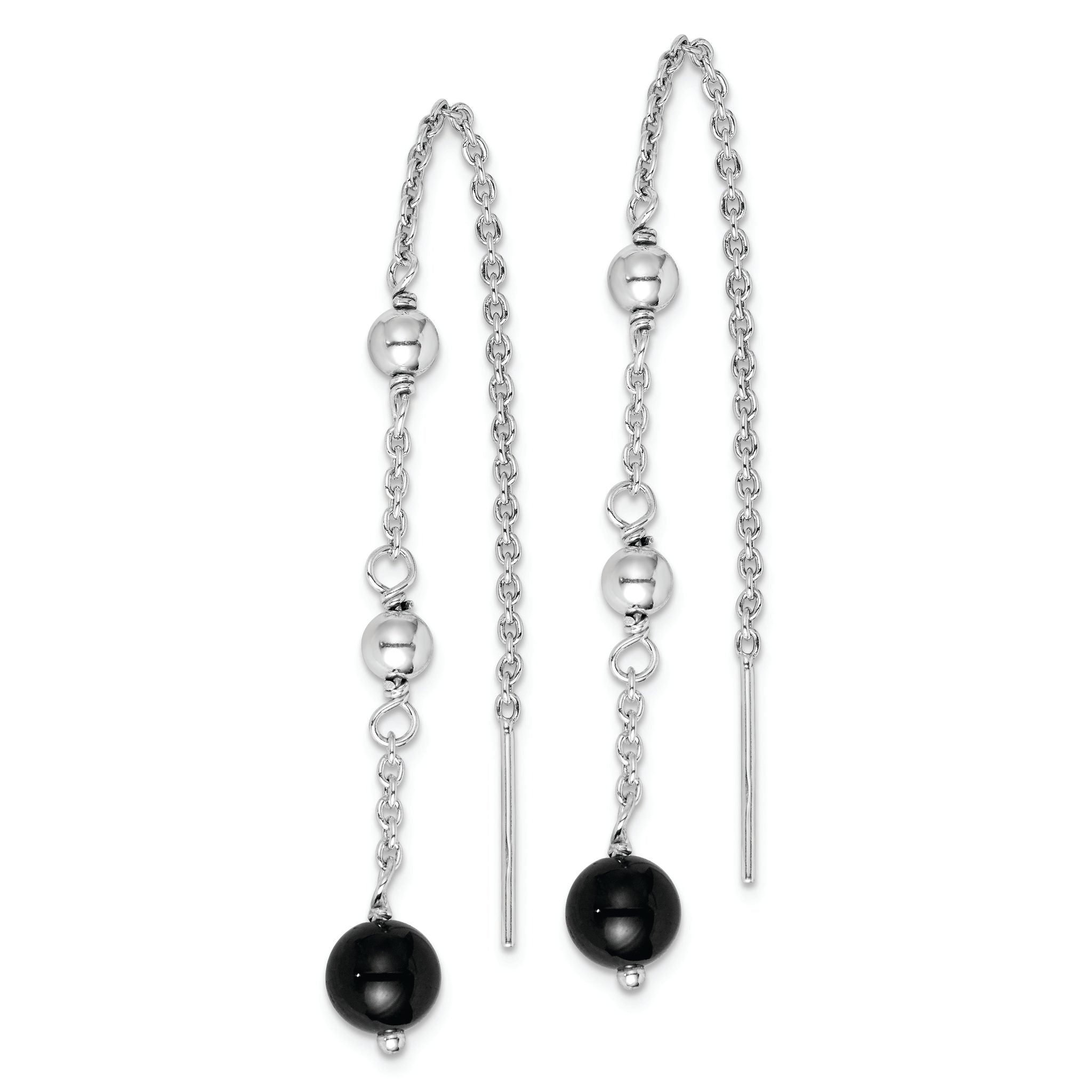 Sterling Silver RH-plated Polished & Beaded Black Onyx Threader Earrings Secondary image