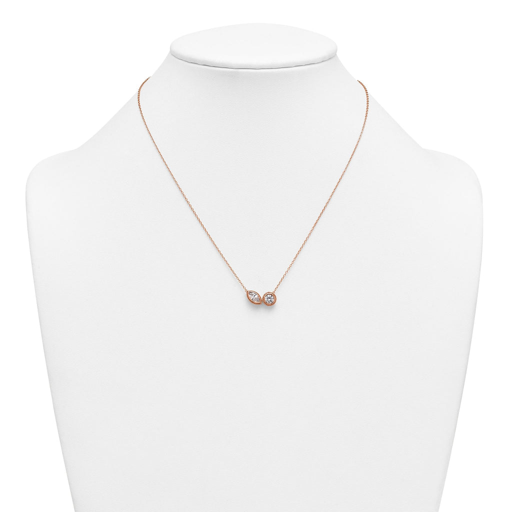 14k Rose Gold 1 carat Lab Grown Diamond VS+ F+ Complete 18 inch Two Stone Fashion Necklace