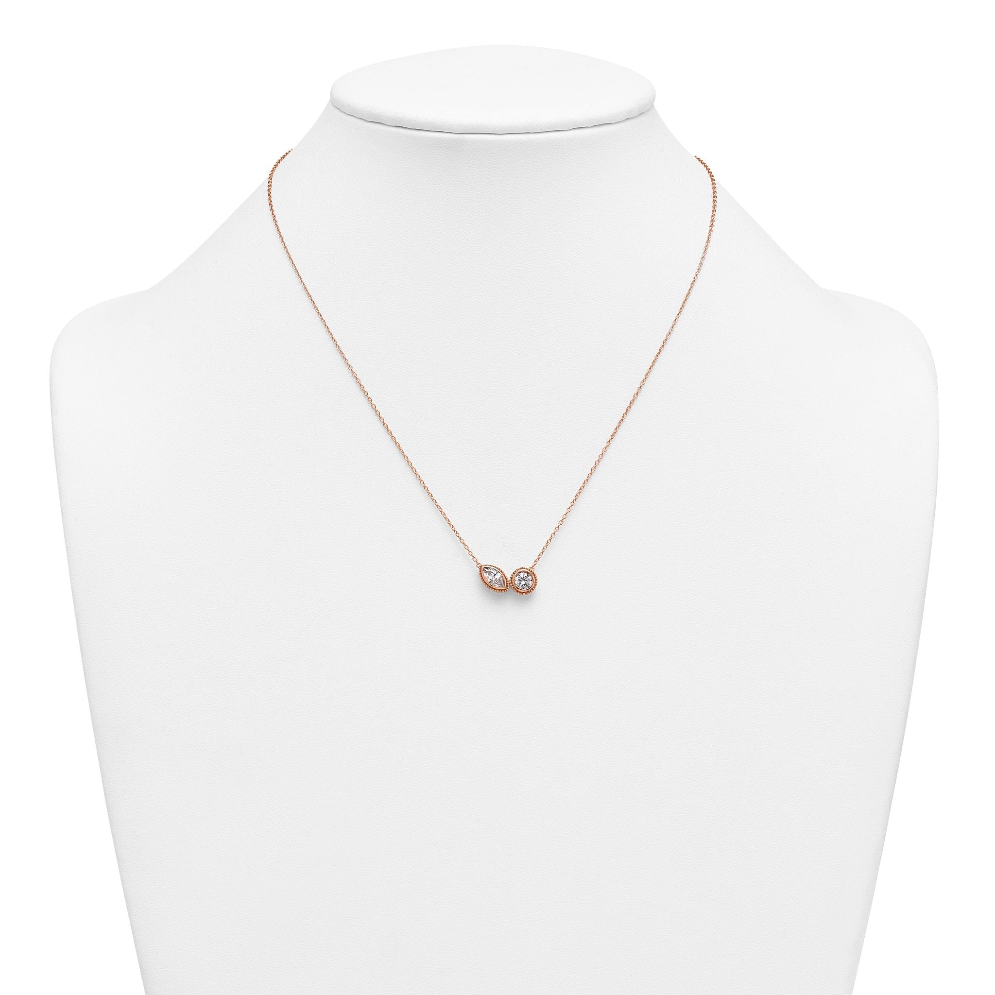 14k Rose Gold 1 carat Lab Grown Diamond VS+ F+ Complete 18 inch Two Stone Fashion Necklace