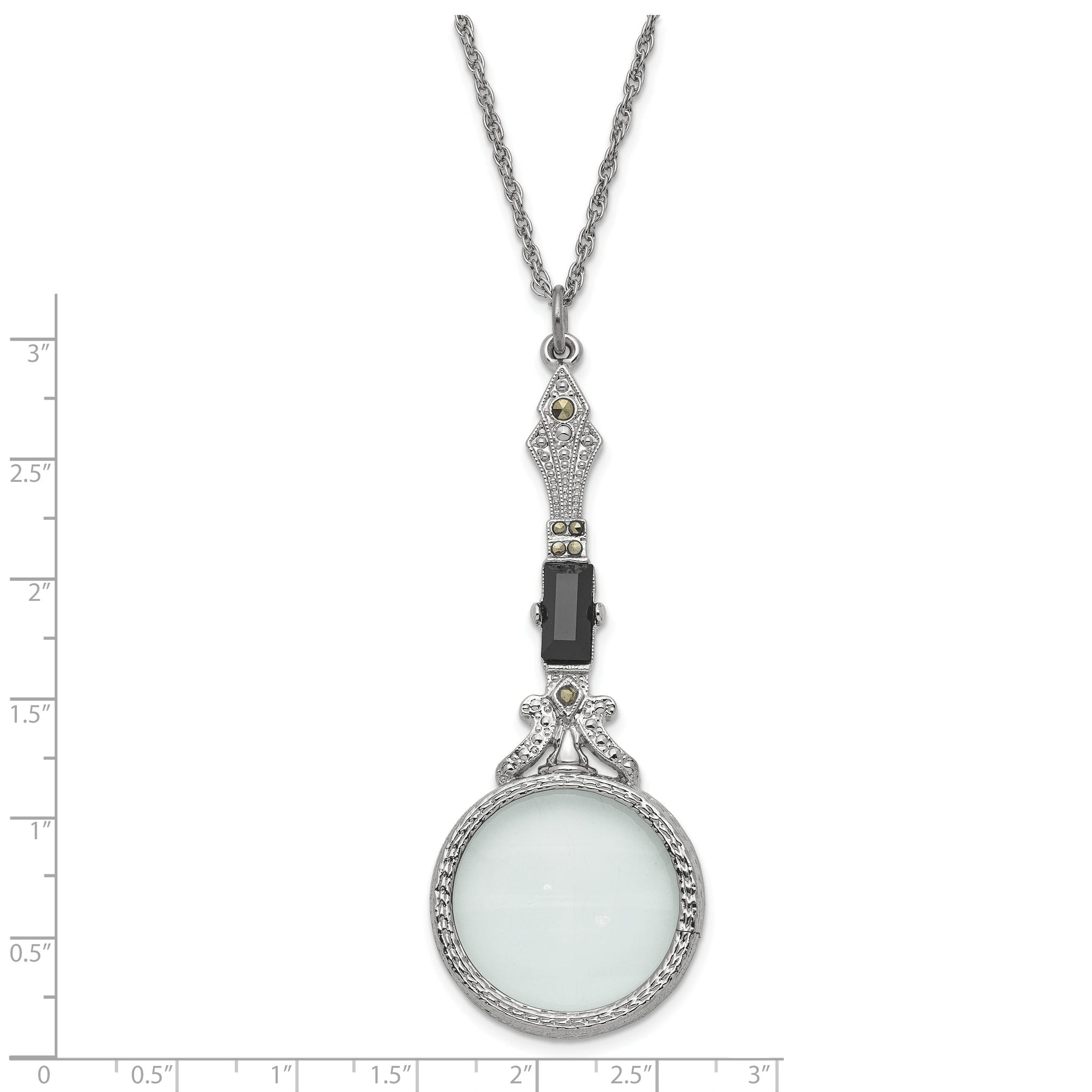 1928 Jewelry Silver-tone Black Glass Stone and Marcasite Vintage Handle 4-5X Magnifying Glass 28 inch Necklace Secondary image