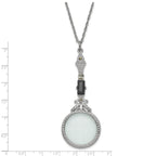 1928 Jewelry Silver-tone Black Glass Stone and Marcasite Vintage Handle 4-5X Magnifying Glass 28 inch Necklace