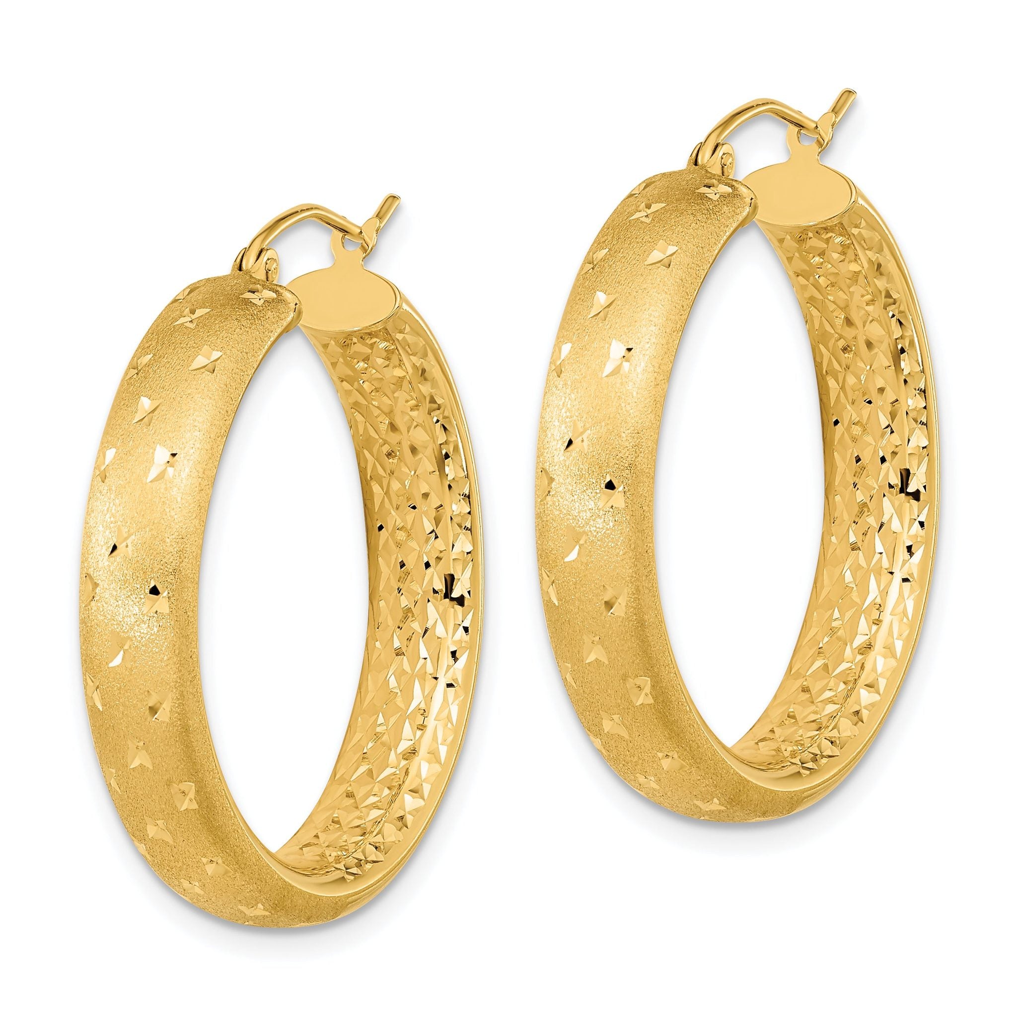14k Polished Satin and Diamond-cut Hoop Earrings Secondary image