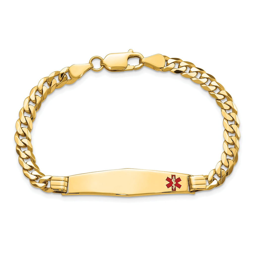 10 Karat Medical Solid Chain/Solid Plate Soft Diamond Shape 36x9mm Off-Center Red Enamel Curb Link 7 inch ID Bracelet