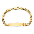 10 Karat Medical Solid Chain/Solid Plate Soft Diamond Shape 36x9mm Off-Center Red Enamel Curb Link 7 inch ID Bracelet