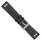 22mm Black Flat Stitched Calfskin Leather with Studs and Stainless Steel Buckle 8 inch Watch Band