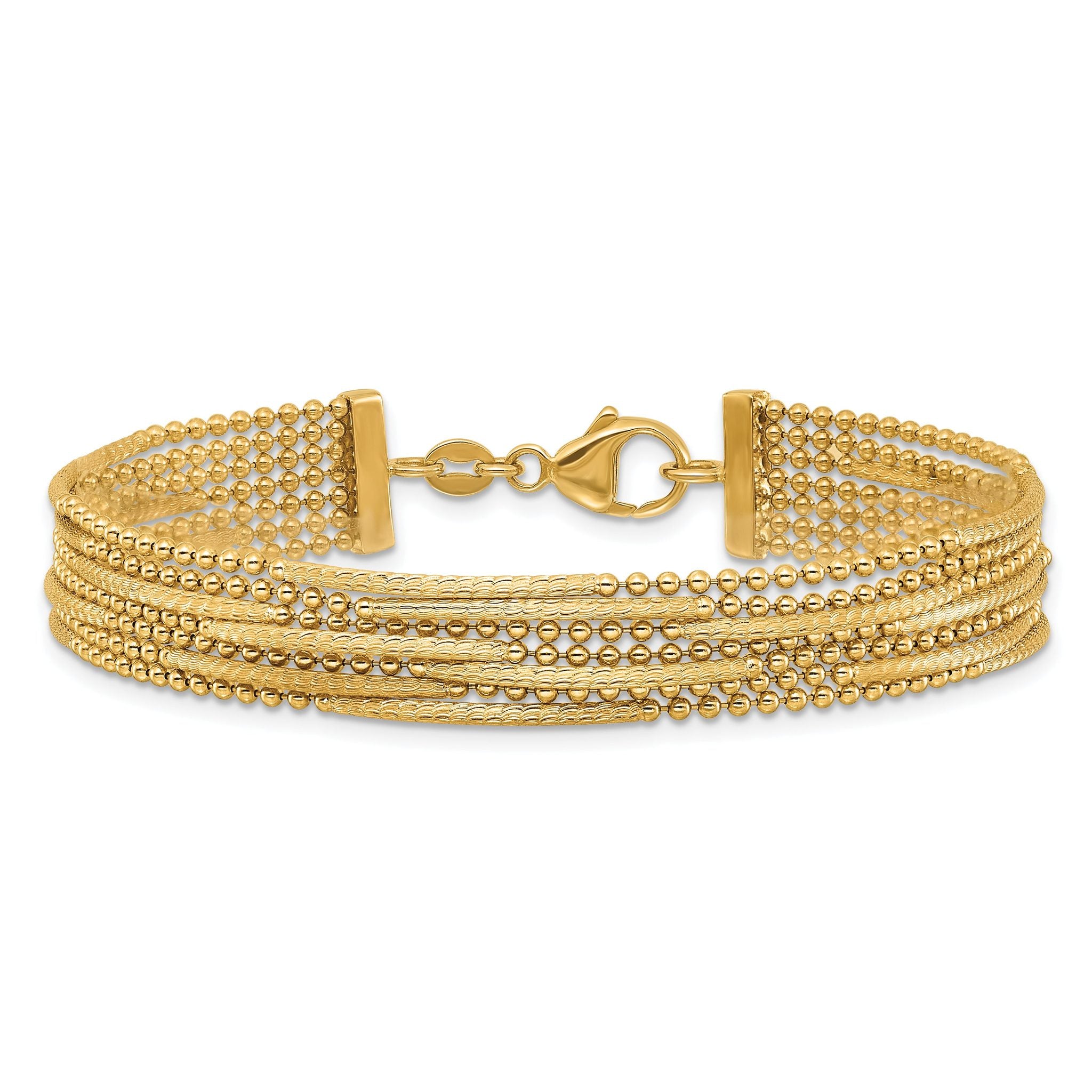 14k Polished and Textured Multi Strand Beaded 7.25 inch Bracelet