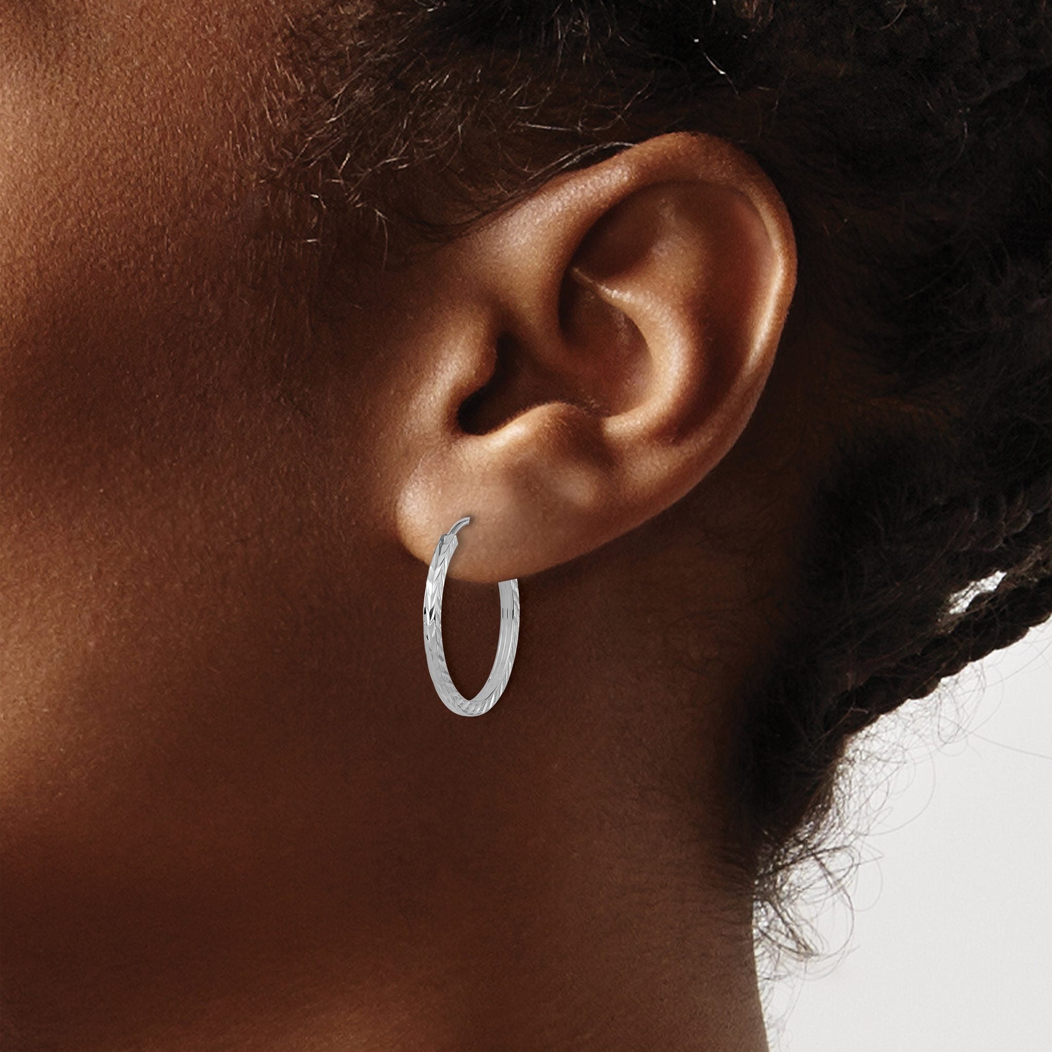 10K White Gold Diamond-cut Square Tube Endless Hoop Earrings