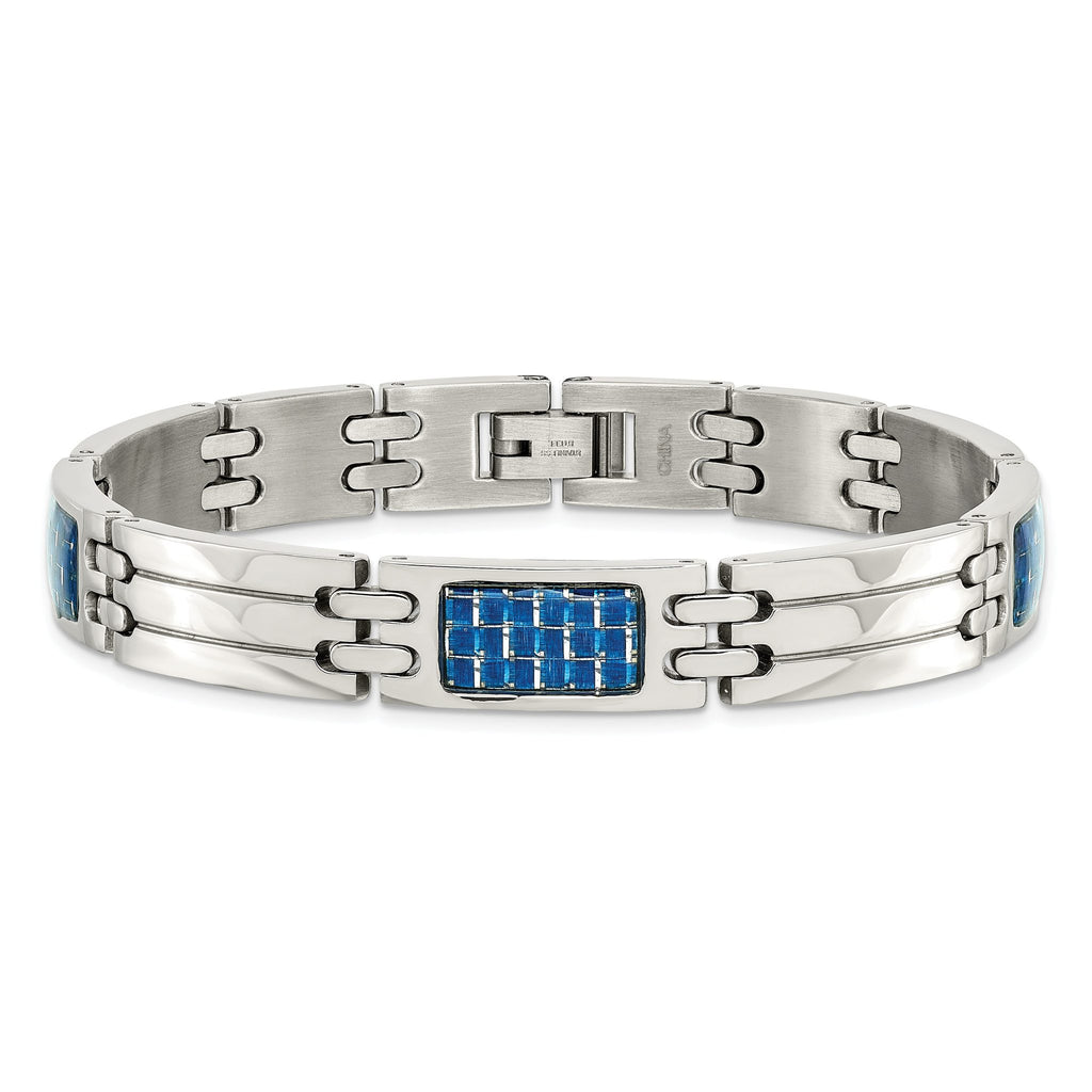 Stainless Steel Polished with Blue Carbon Fiber Inlay Link Bracelet for Men