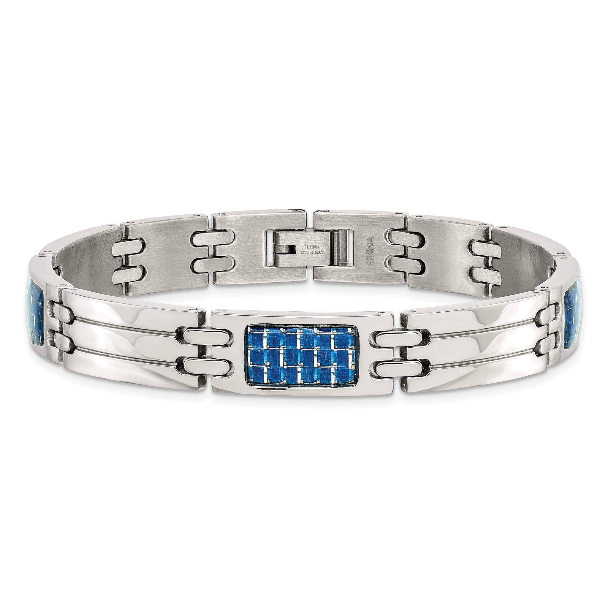 Stainless Steel Polished with Blue Carbon Fiber Inlay Link Bracelet for Men