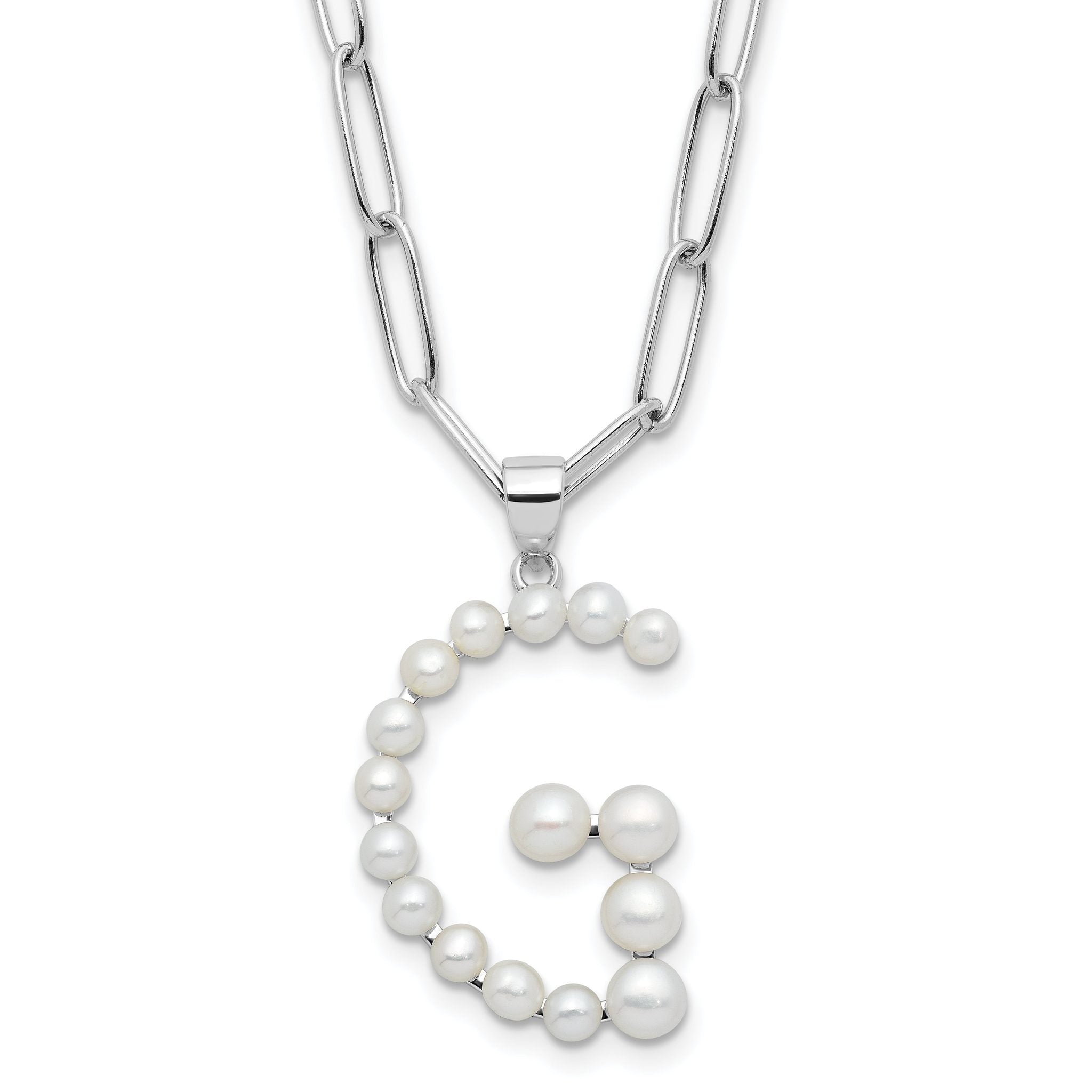 Sterling Silver Rhodium-Rhodium-Plated 3-5.5mm White Button Freshwater Cultured Pearl LETTER G 18 inch Necklace Main image
