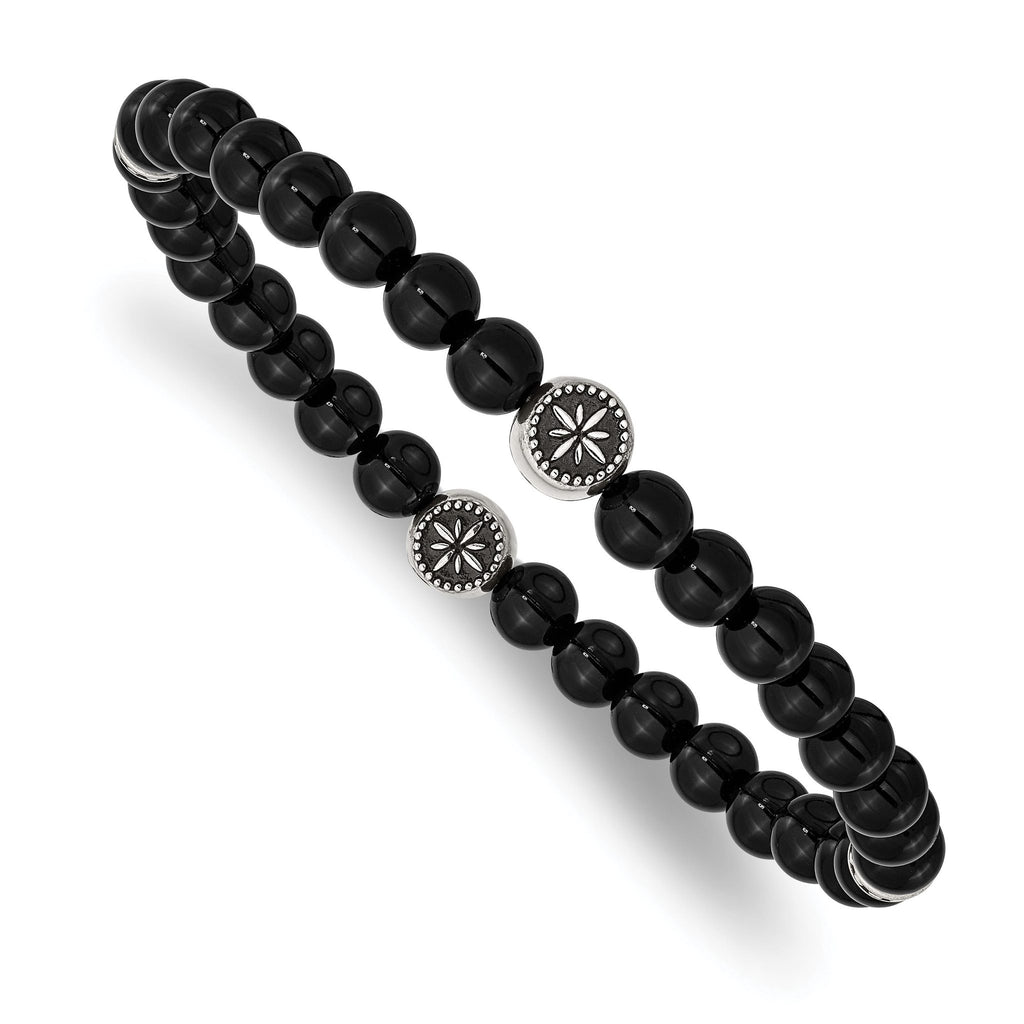 Stainless Steel Antiqued and Polished 6mm Black Agate Beaded Stretch Bracelet