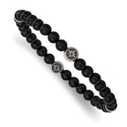 Stainless Steel Antiqued and Polished 6mm Black Agate Beaded Stretch Bracelet