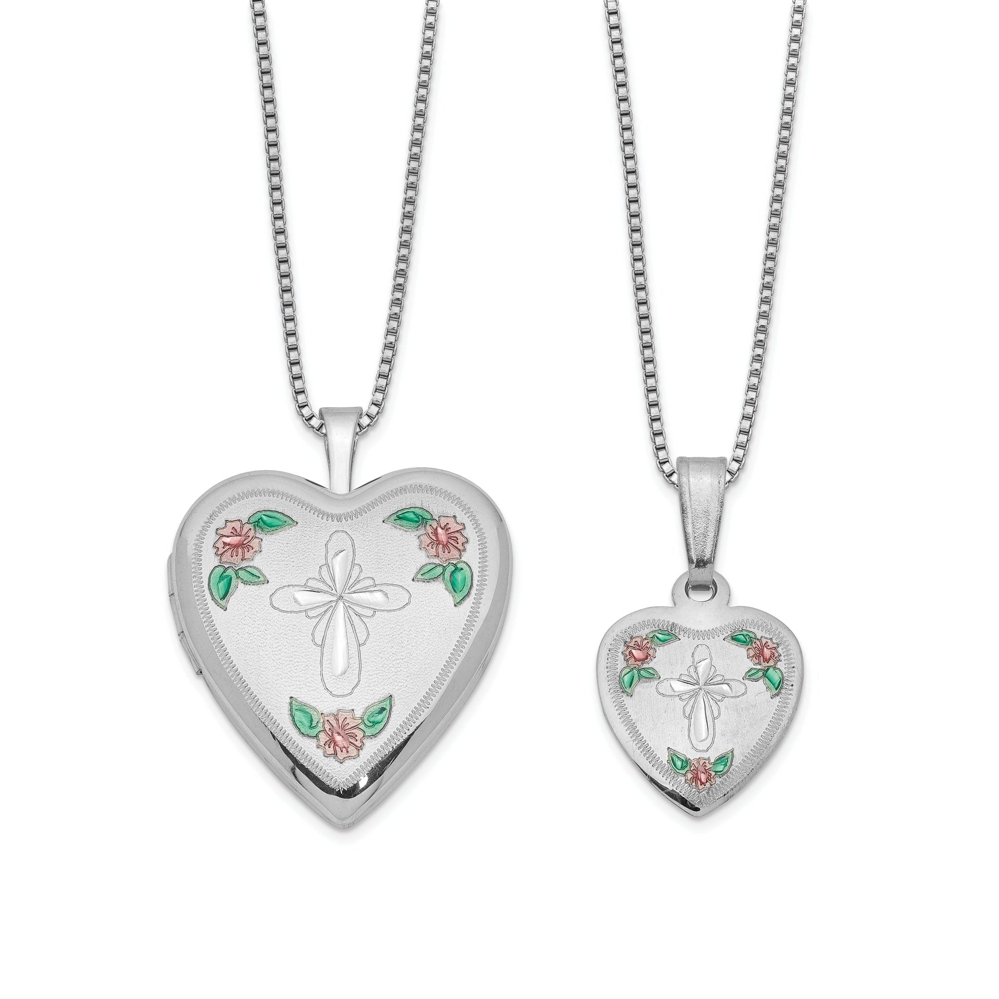 Sterling Silver Cross & Flowers Enameled Mother & 14in Daughter Locket/Pendant Necklace Set Main image