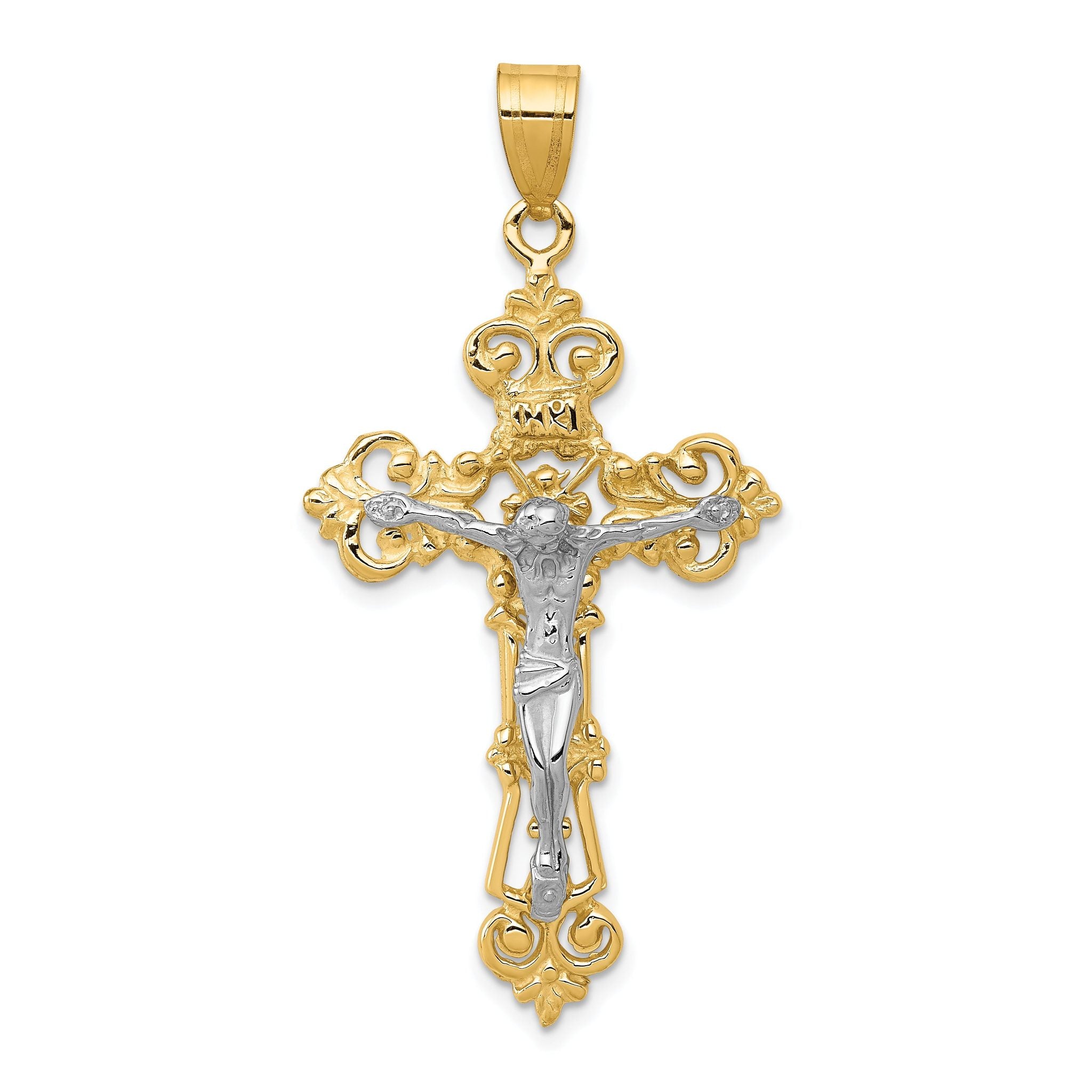 14K Two-Tone Gold INRI Fleur De Lis Crucifix Pendant