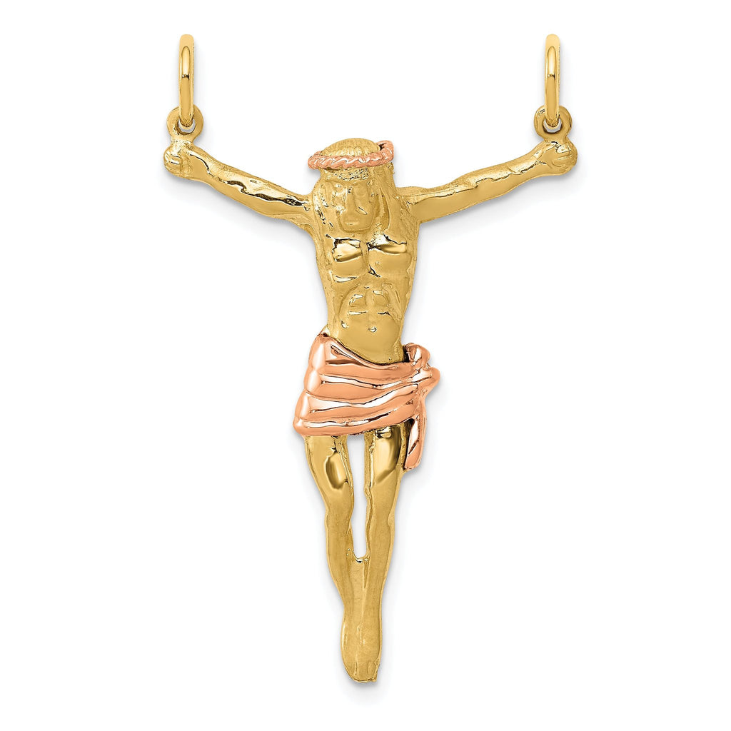14K Two-Tone Gold Corpus Pendant with Rose Accent  Elegant Religious Charm
