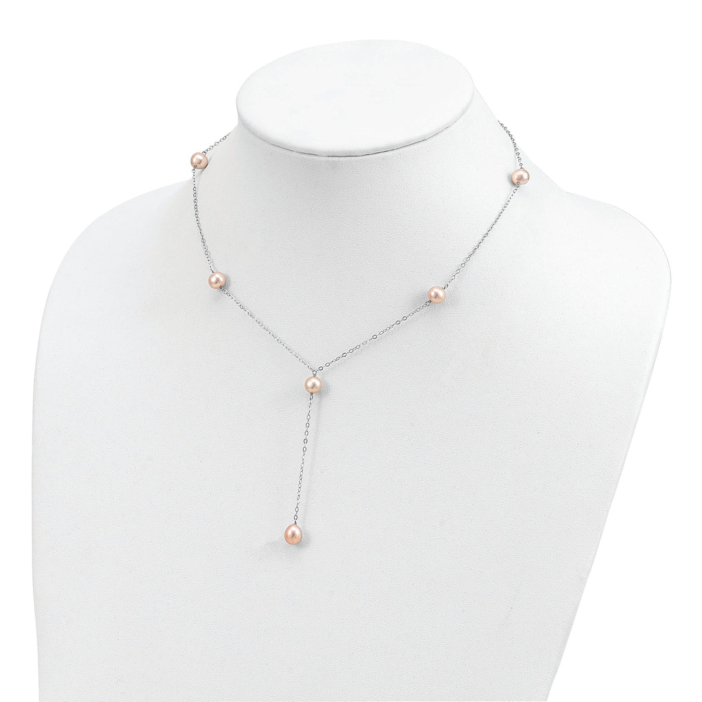Sterling Silver Rhodium-plated 6-8mm Pink Teardrop and Semi-Round Freshwater Cultured Pearl 6-Station Y-Drop 16 inch Necklace