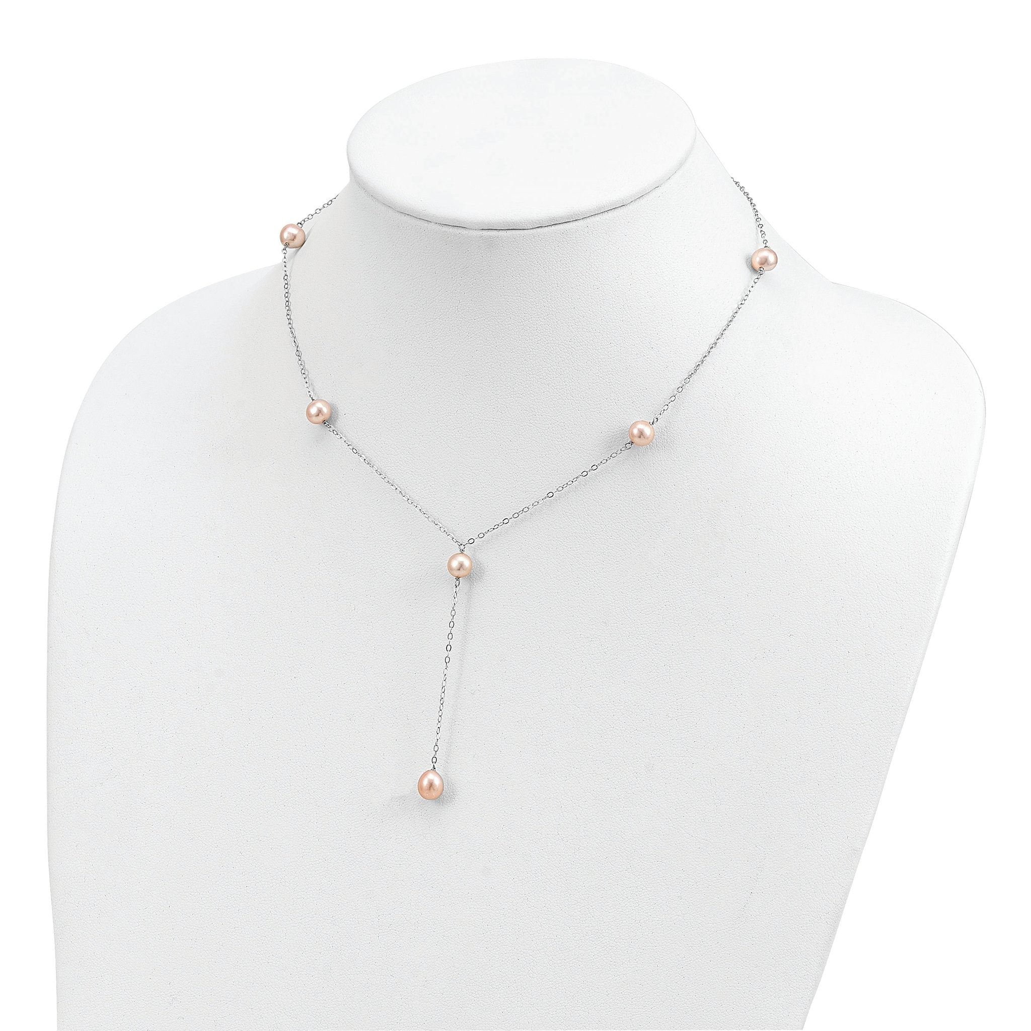 Sterling Silver Rhodium-plated 6-8mm Pink Teardrop and Semi-Round Freshwater Cultured Pearl 6-Station Y-Drop 16 inch Necklace