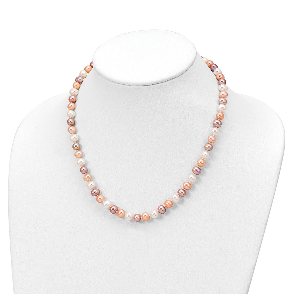 Sterling Silver Rhodium-plated 6-7mm White, Pink and Purple Semi-Round Freshwater Cultured Pearl 18 inch Necklace, 7.25 inch Bracelet and 3-piece Button Post Earrings Set