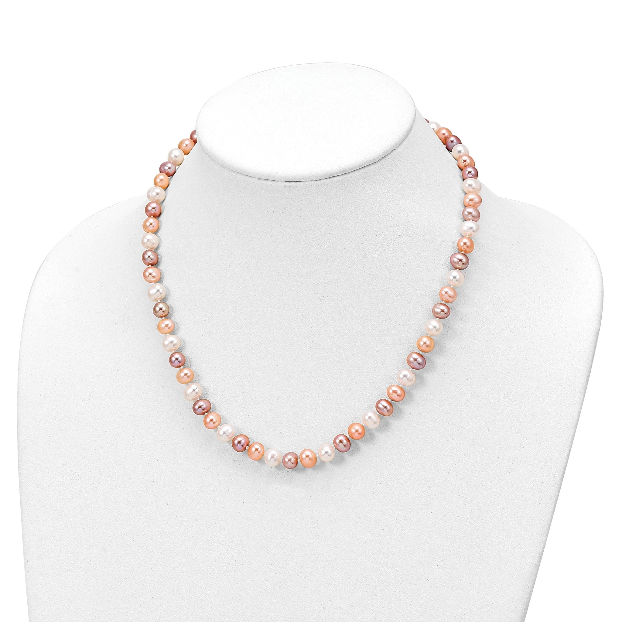 Sterling Silver Rhodium-plated 6-7mm White, Pink and Purple Semi-Round Freshwater Cultured Pearl 18 inch Necklace, 7.25 inch Bracelet and 3-piece Button Post Earrings Set