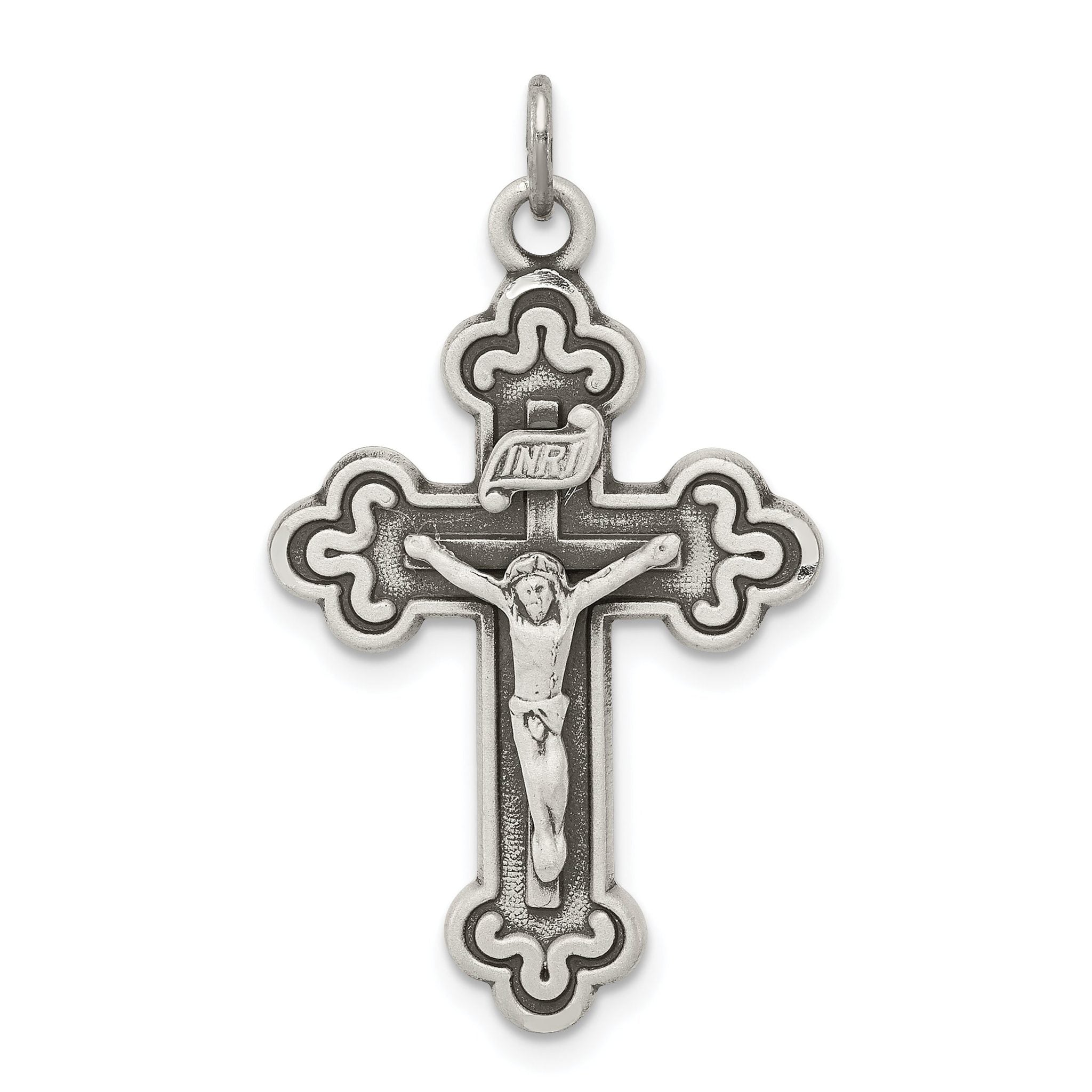 Sterling Silver 925 INRI Crucifix Pendant with Polished Antique Finish