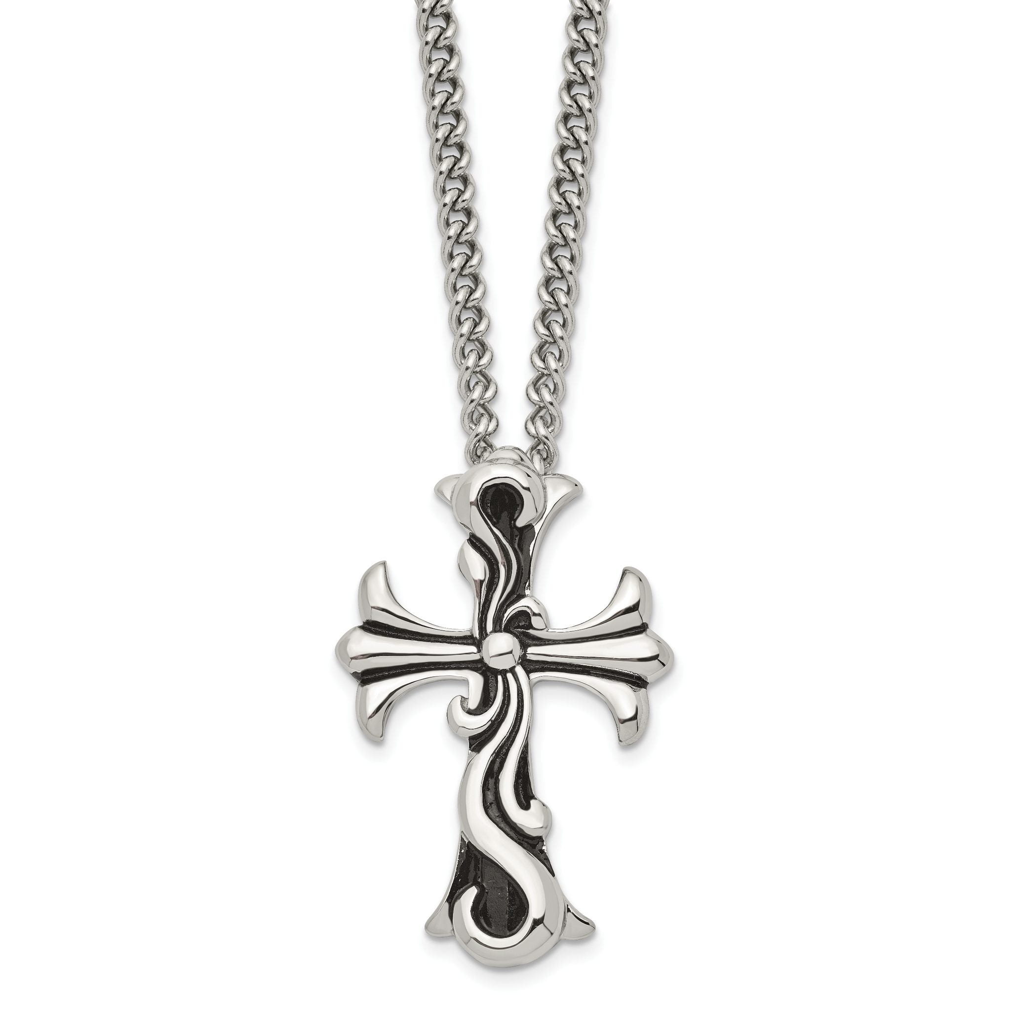Chisel Stainless Steel Antiqued Polished and Textured Scroll Cross Pendant on a Curb Chain Necklace