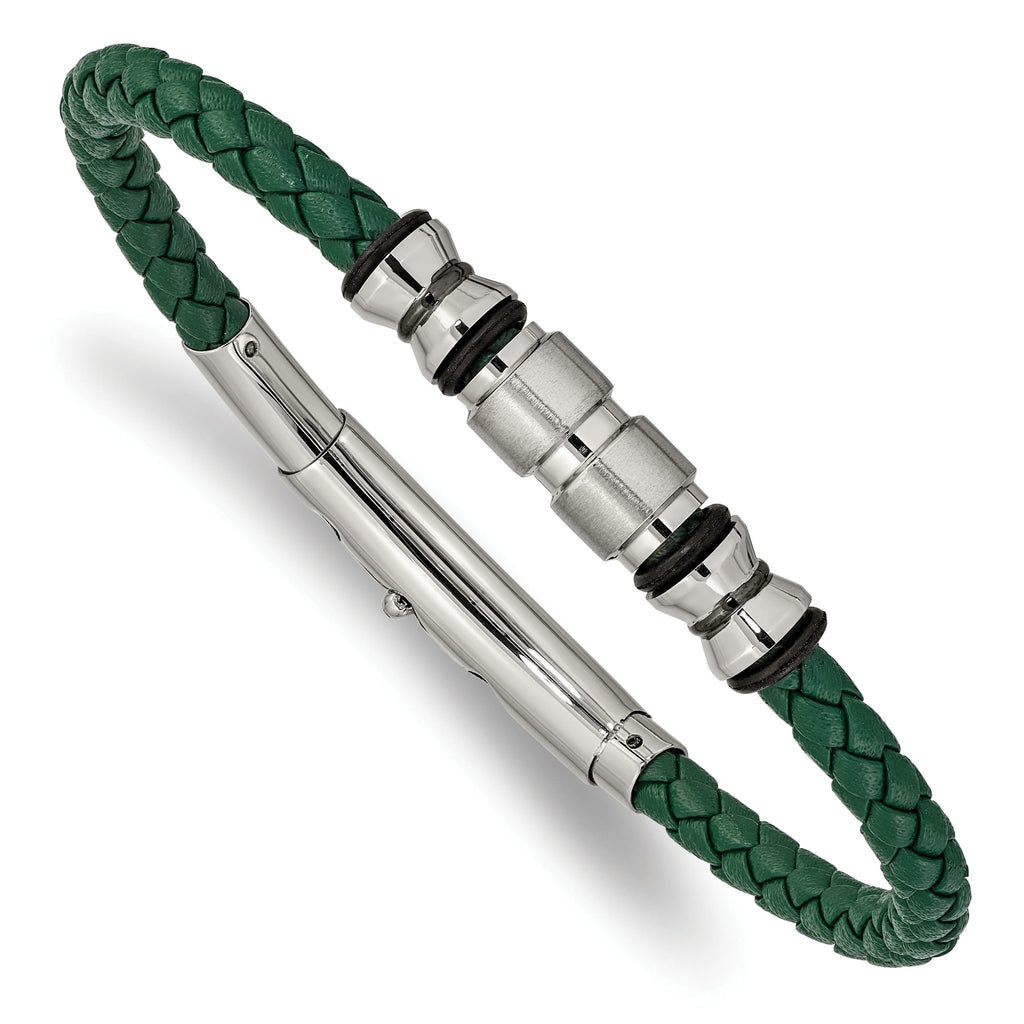 Stainless Steel Brushed and Polished Black IP-plated with Rubber Green Braided Leather Adjustable 7.75 to Bracelet for Men