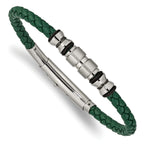 Stainless Steel Brushed and Polished Black IP-plated with Rubber Green Braided Leather Adjustable 7.75 to Bracelet for Men