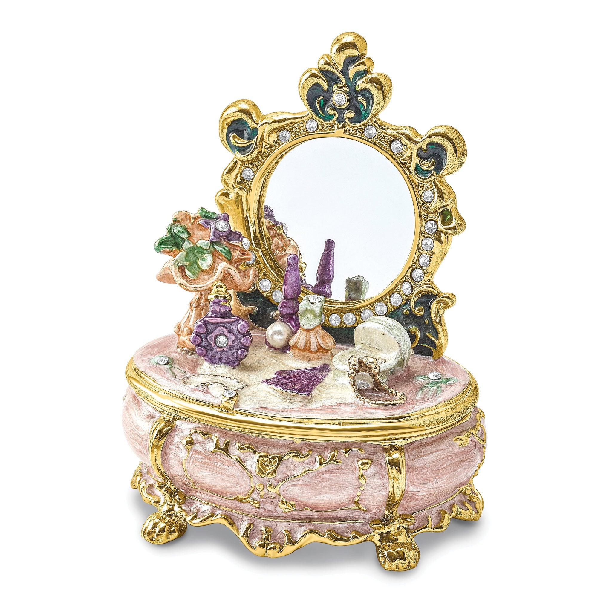 Luxury Giftware Pewter Bejeweled Crystals Gold-tone Enameled VANITY Dressing & Makeup Table Trinket Box with Matching 18 Inch Necklace Main image