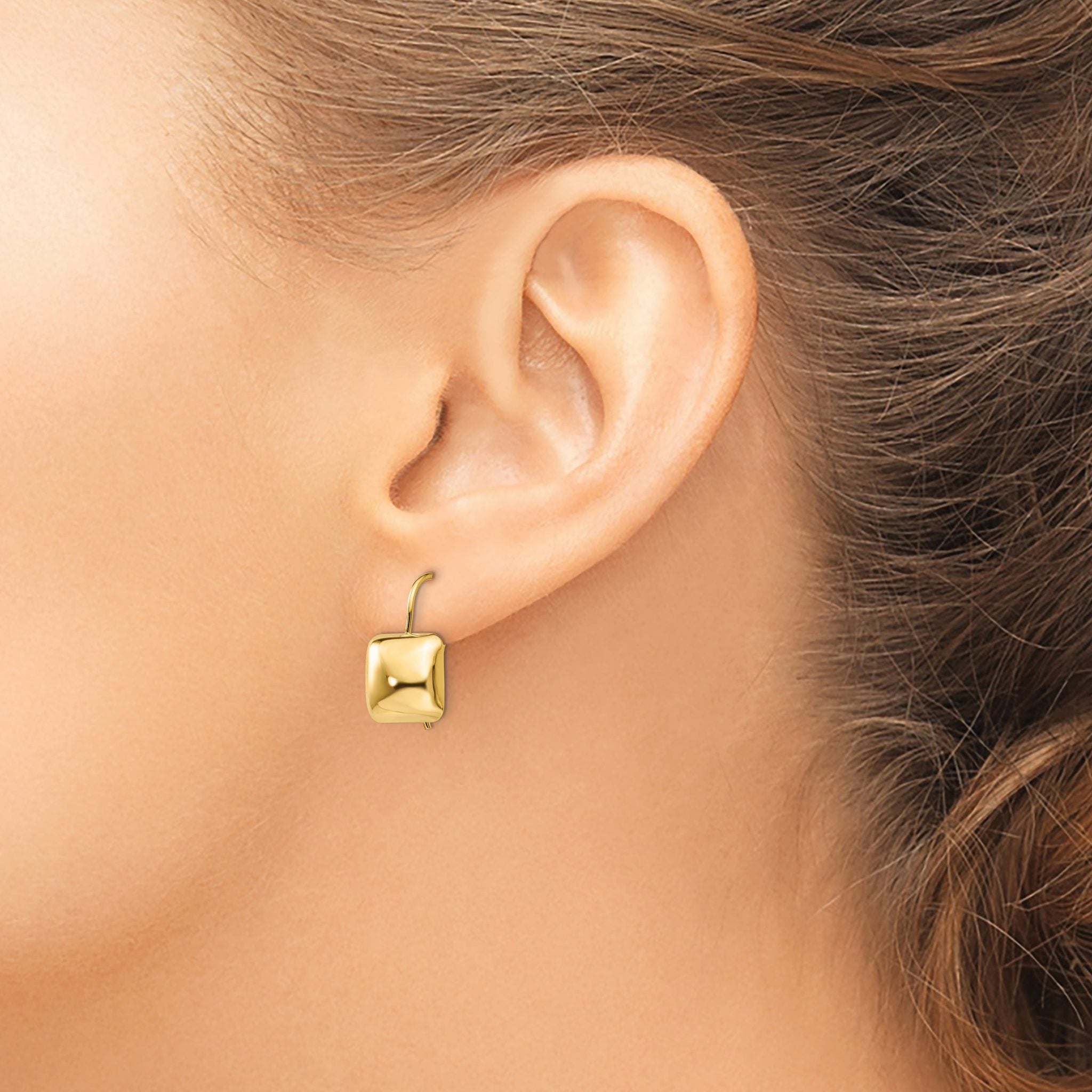 14K Gold Polished Puffed Square Dangle Earrings with Kidney Wire