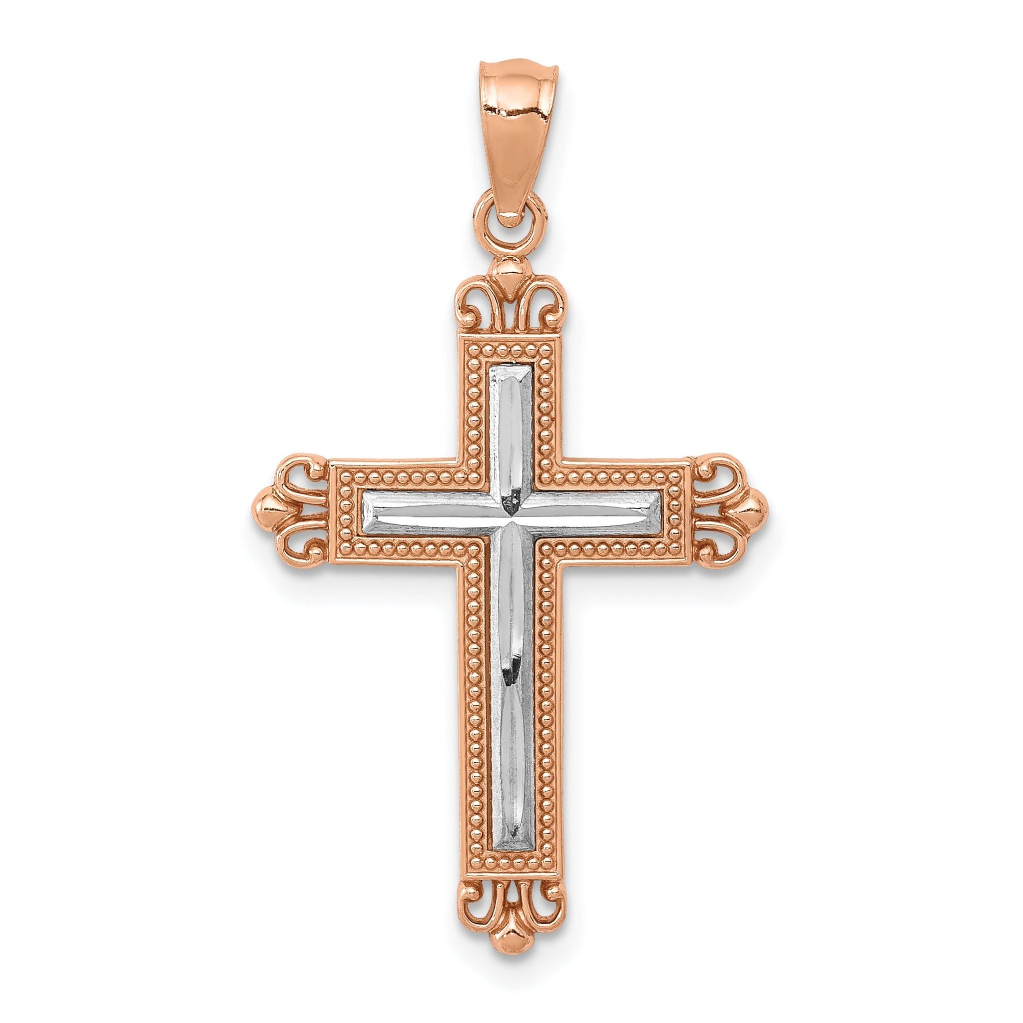 14K Rose Gold Cross Pendant with Rhodium Diamond-Cut Elegant Design Main image