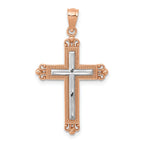 14K Rose Gold Cross Pendant with Rhodium Diamond-Cut Elegant Design