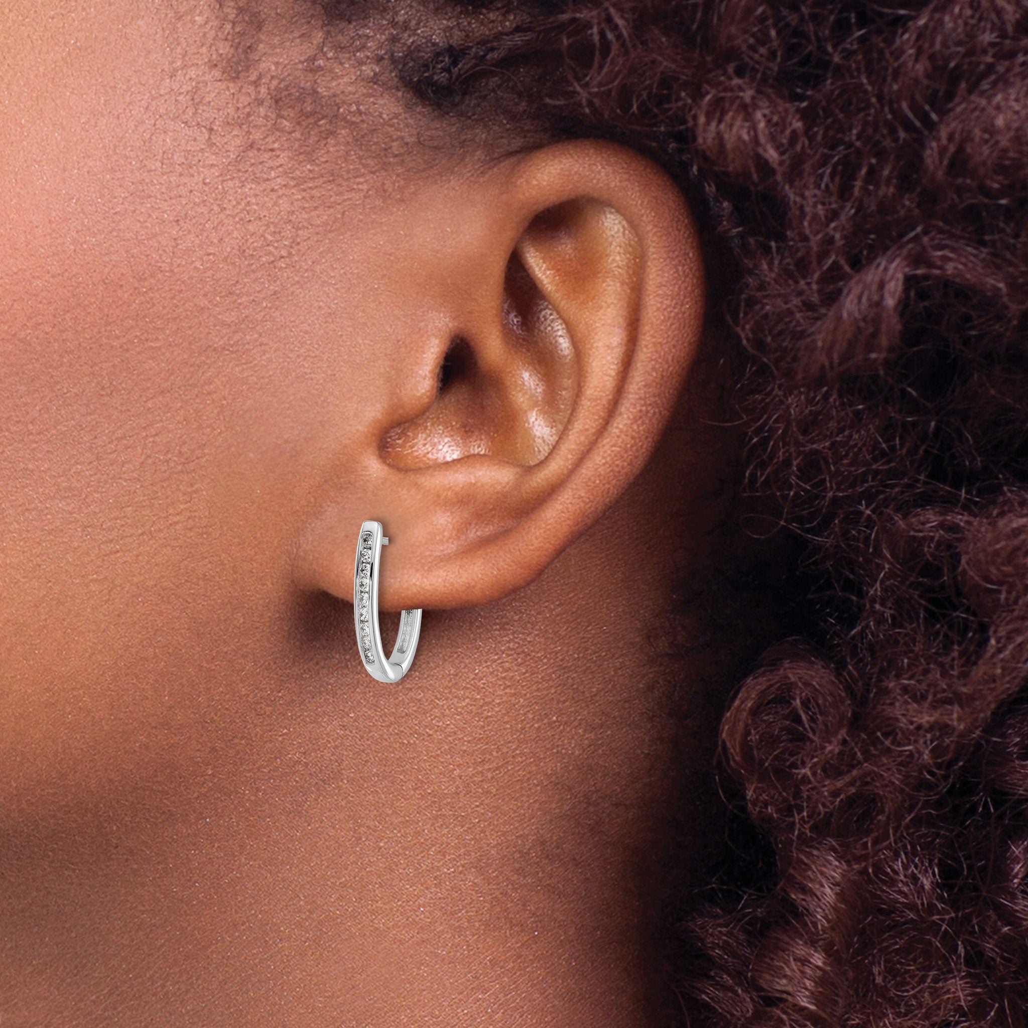 10k White Gold Diamond Oval Hinged Hoop Earrings
