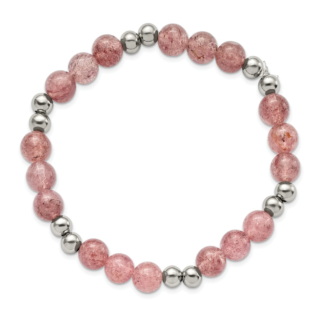 Stainless Steel Polished 6-8mm Strawberry Quartz Beaded Stretch Bracelet for Women