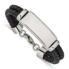 Stainless Steel Polished Black Woven Leather Multi Strand ID Bracelet for Men