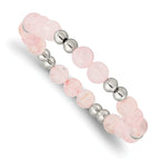 Stainless Steel Polished 6-8mm Pink Quartz Beaded Stretch Bracelet for Women