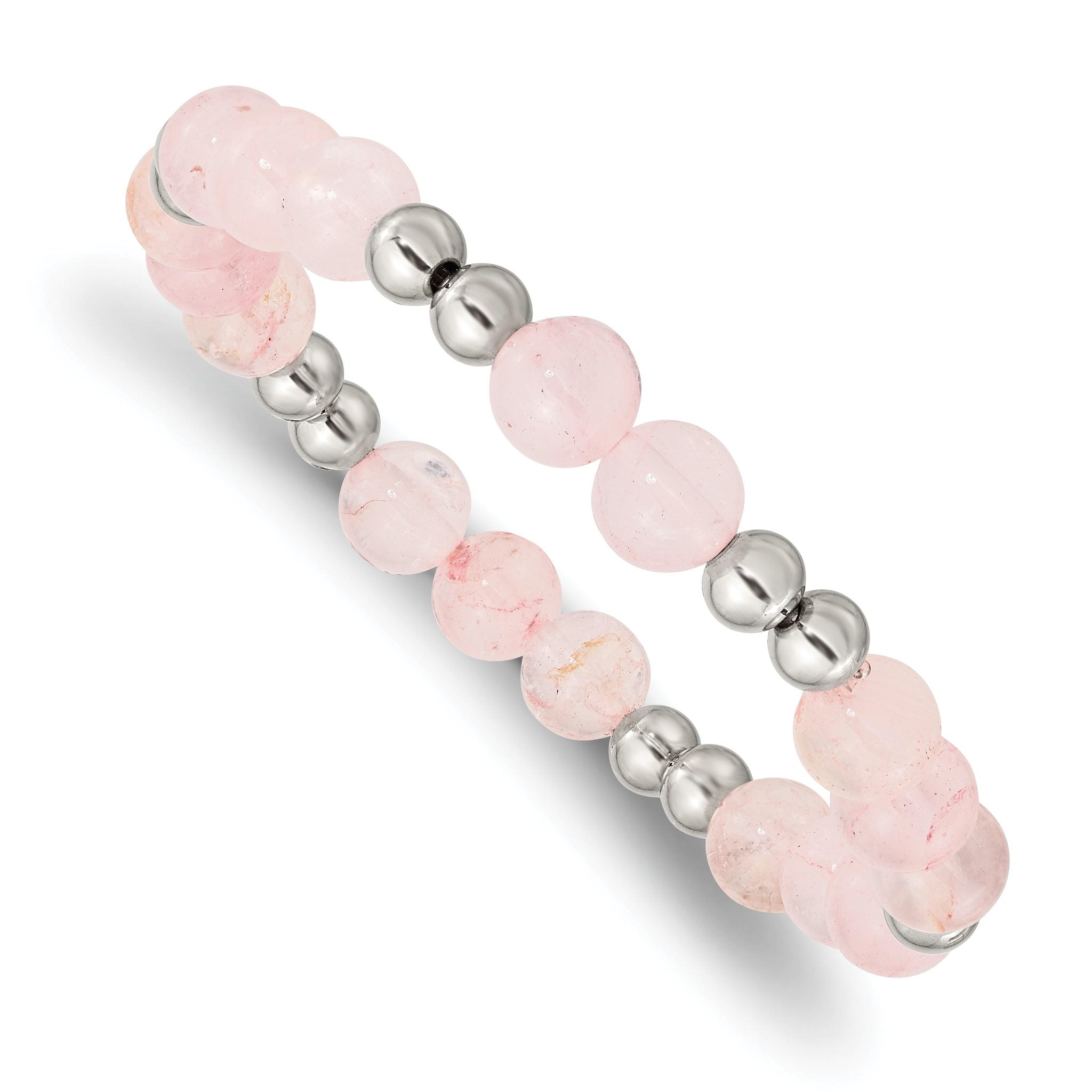 Stainless Steel Polished 6-8mm Pink Quartz Beaded Stretch Bracelet for Women