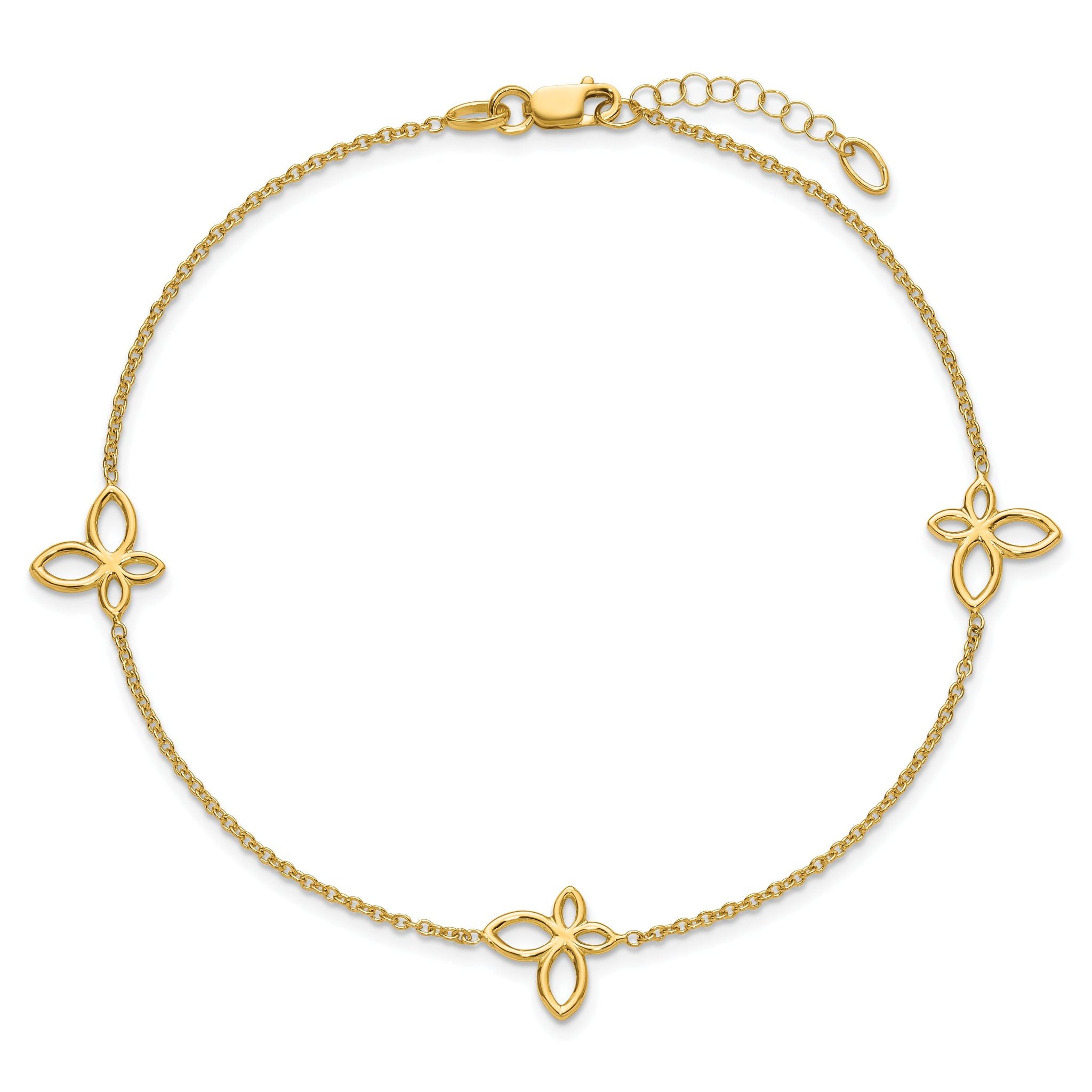14K Open Butterfly 3-Station 9 inch Plus 1 inch Extender - Total 10 inch Anklet