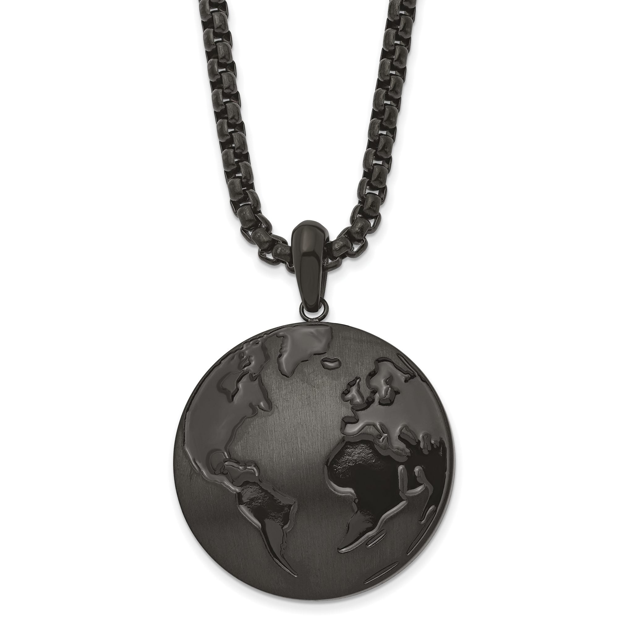 Chisel Stainless Steel Antiqued Brushed and Polished Black IP-plated Earth Pendant on a 24 inch Box Chain Necklace Main image