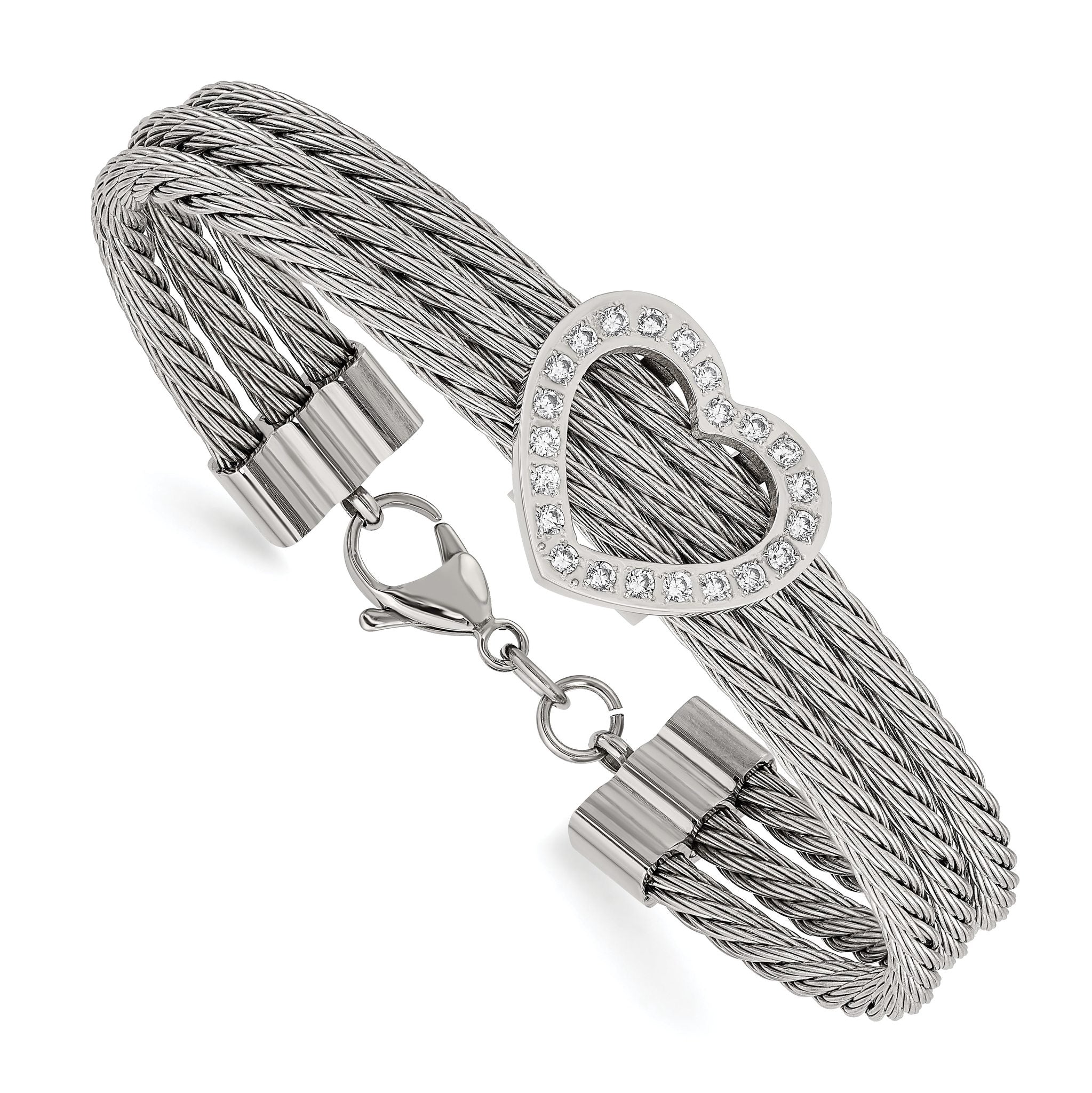 Stainless Steel Polished wire with Cubic Zirconia Heart Bracelet for Women
