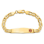 14K Medical Solid Chain/Solid Plate Soft Diamond Shape 38x9mm Off-Center Red Enamel Anchor Link 8 inch ID Bracelet