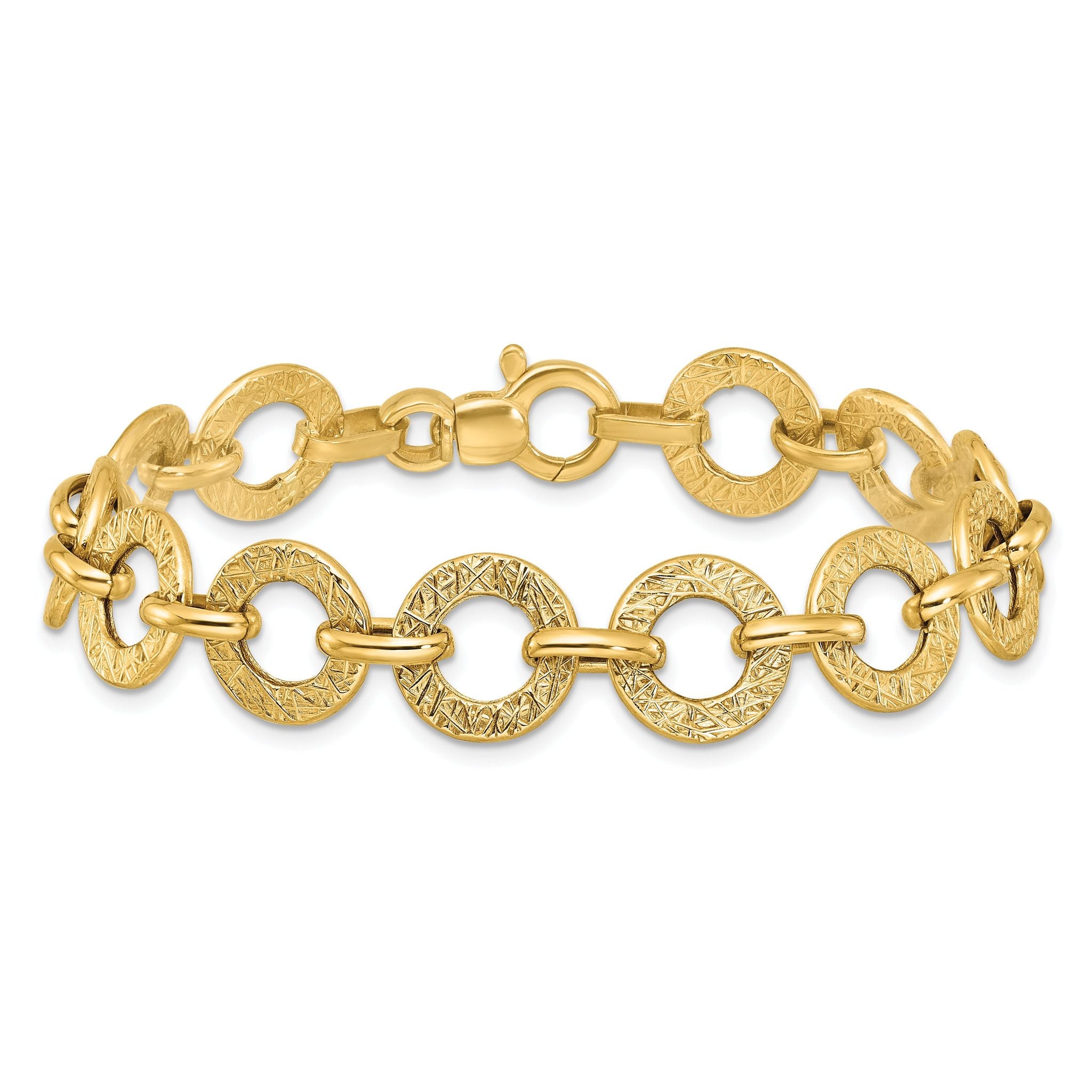 14K Polished and Textured 12mm Fancy Round Link 7 inch Bracelet