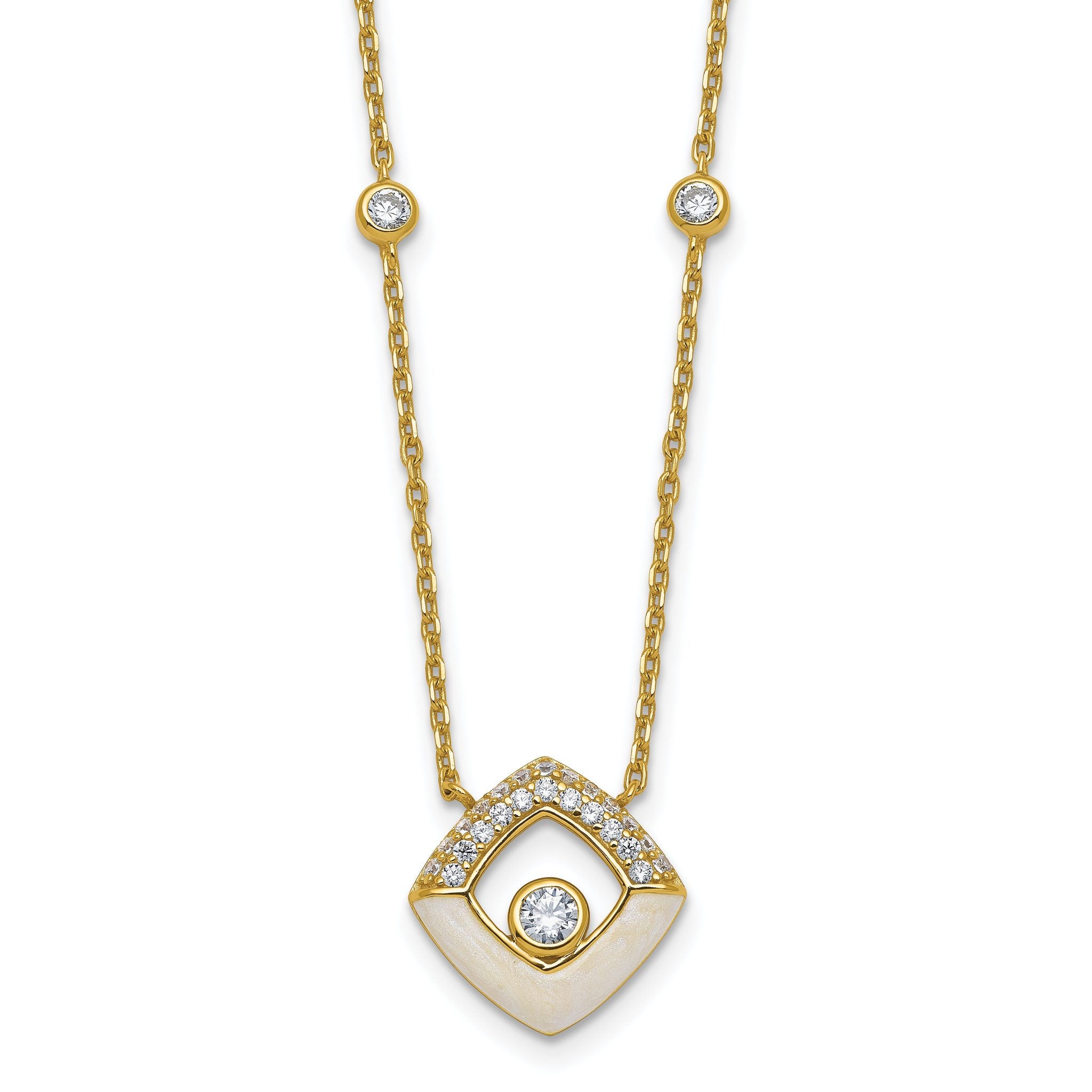 Sterling Silver Gold-tone CZ and Champagne Enamel Square 16 inch with 1.5 inch Extension Necklace Main image