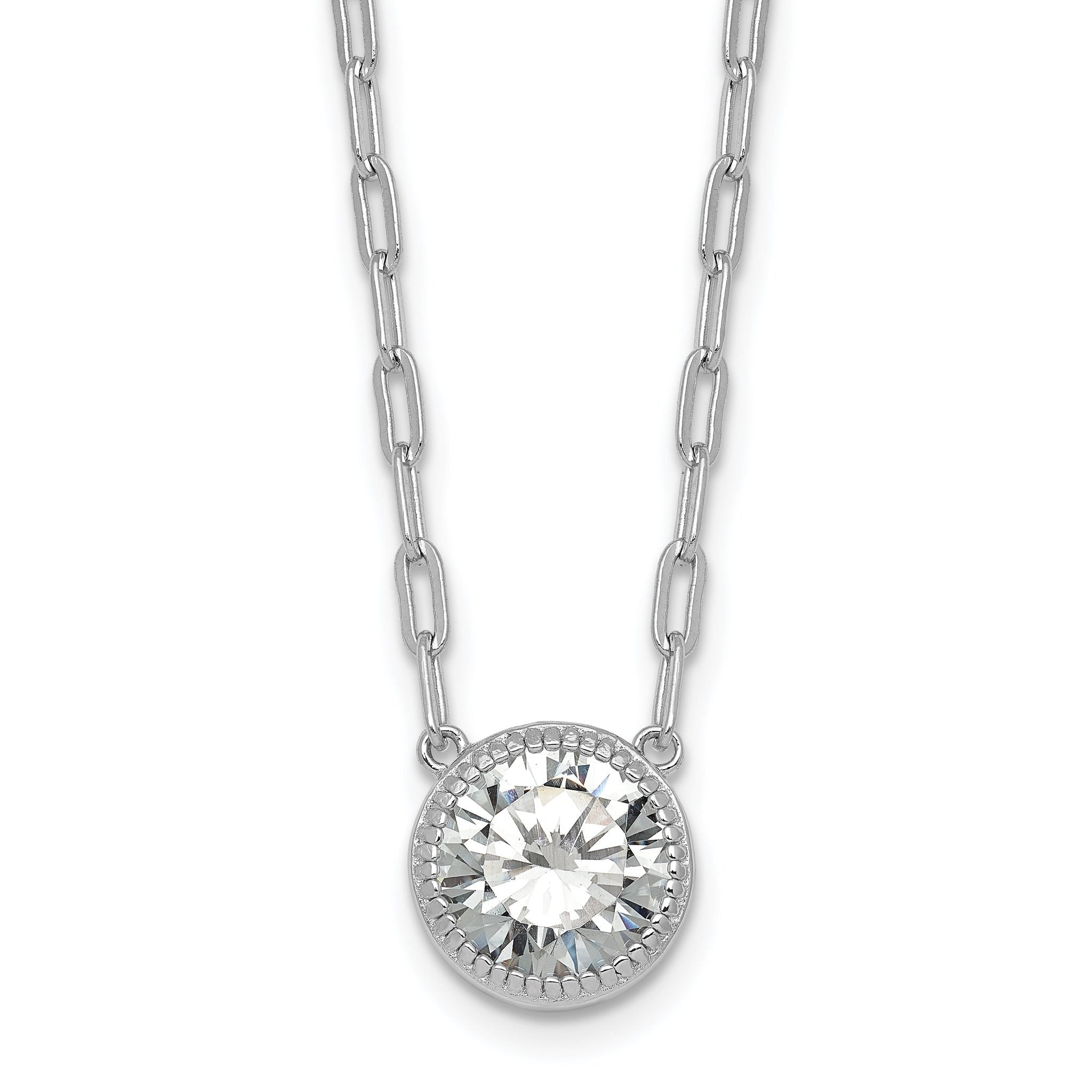 Sterling Silver Rhodium-plated Polished Round CZ with Paperclip Chain 16 inch with 2 inch Extension Necklace Main image